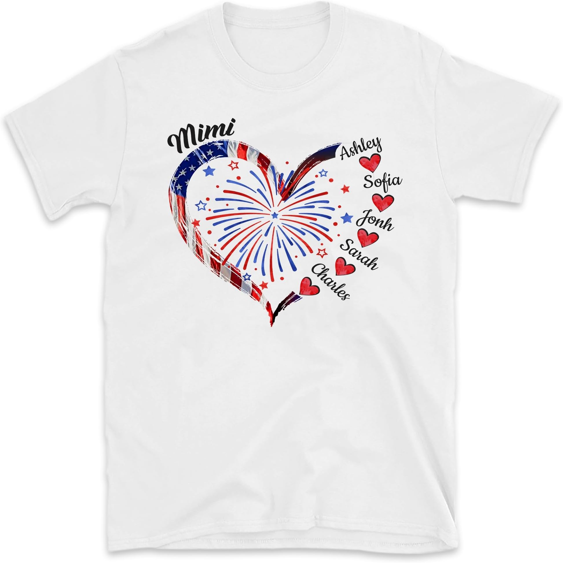 Personalized July 4th Grandma Heart Shirt, Custom Nana Mimi Shirt with Kid Names, 4th of July Gifts for Gigi Nana Mimi, Small