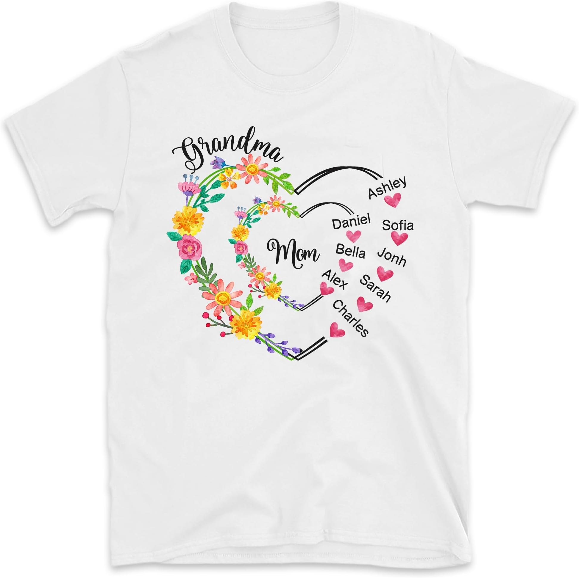 Mom Grandma Heart Shirt, Floral Nana Shirt with Grandkids Name, Mother's Day Shirt, Gift for Grandma Floral Heart Shirt, Small