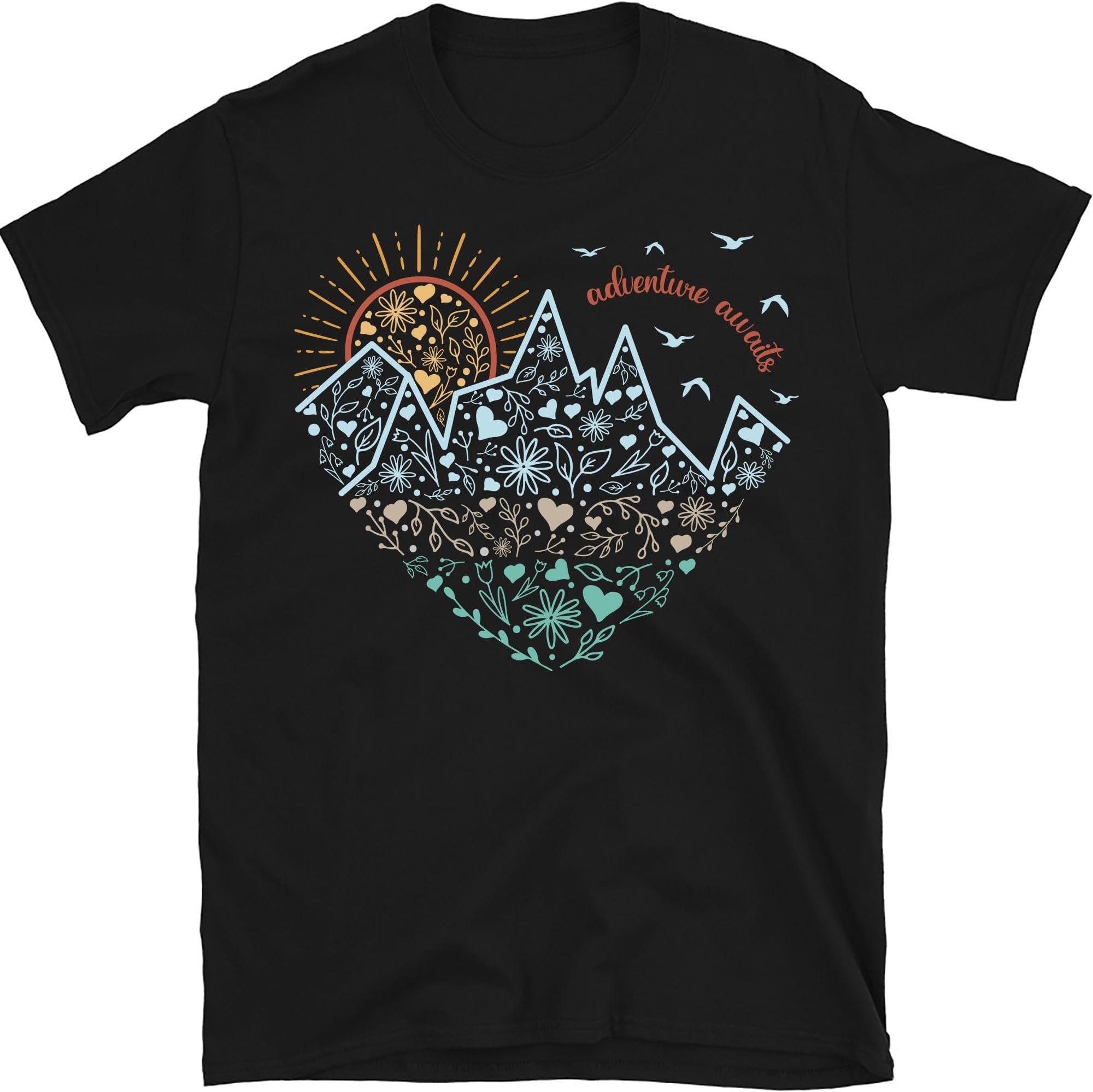 Adventure Awaits Shirt, Mountain Sun Birds Heart Shirt, Nature Lover Shirt, Camping Hiking Shirt, Wanderlust Shirt, Womens Glamping Shirt, Small