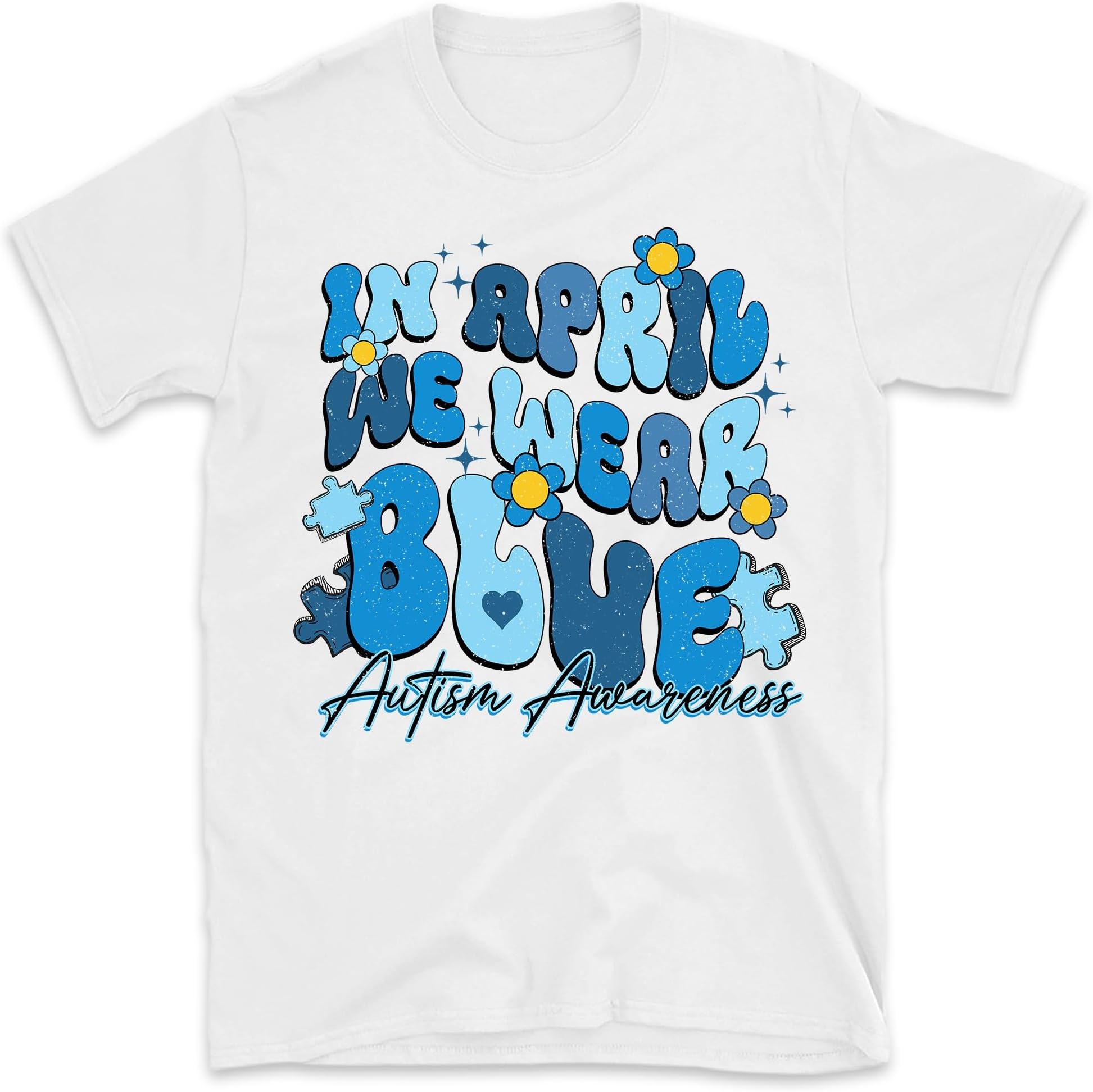 in April We Wear Blue Vintage Groovy Autism Awareness