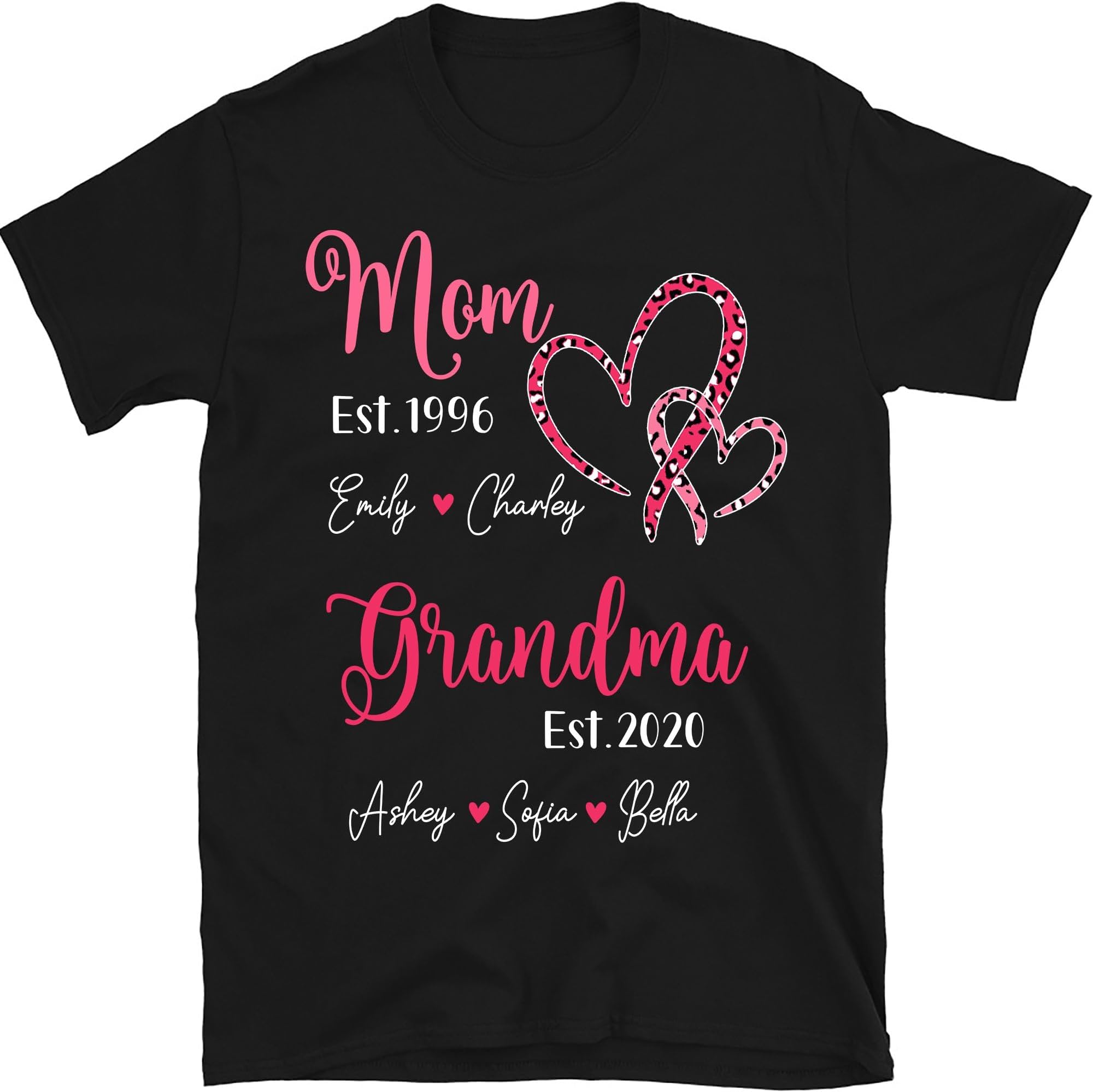Personalized Grandma Shirt, Heart Leopard Mom Est Grandma Est Heart Shirt with Custom Names, Mom Grandma Est Shirt, Small