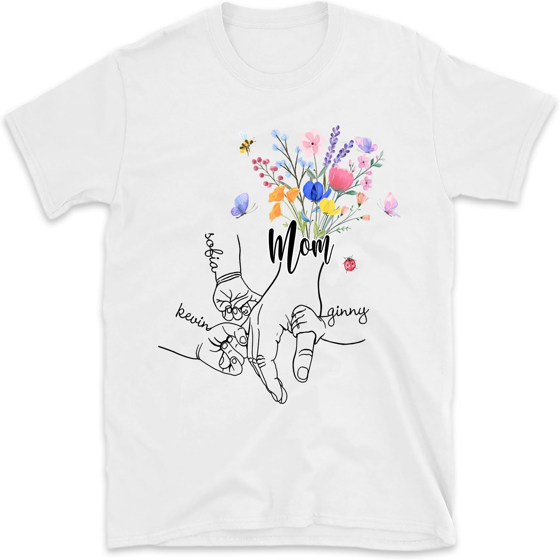 Mom Shirt, Custom Mom Floral Mug with Kids Names, Holding Kids Hands Mom Shirt, Grandma Gift, Wildflower Mom