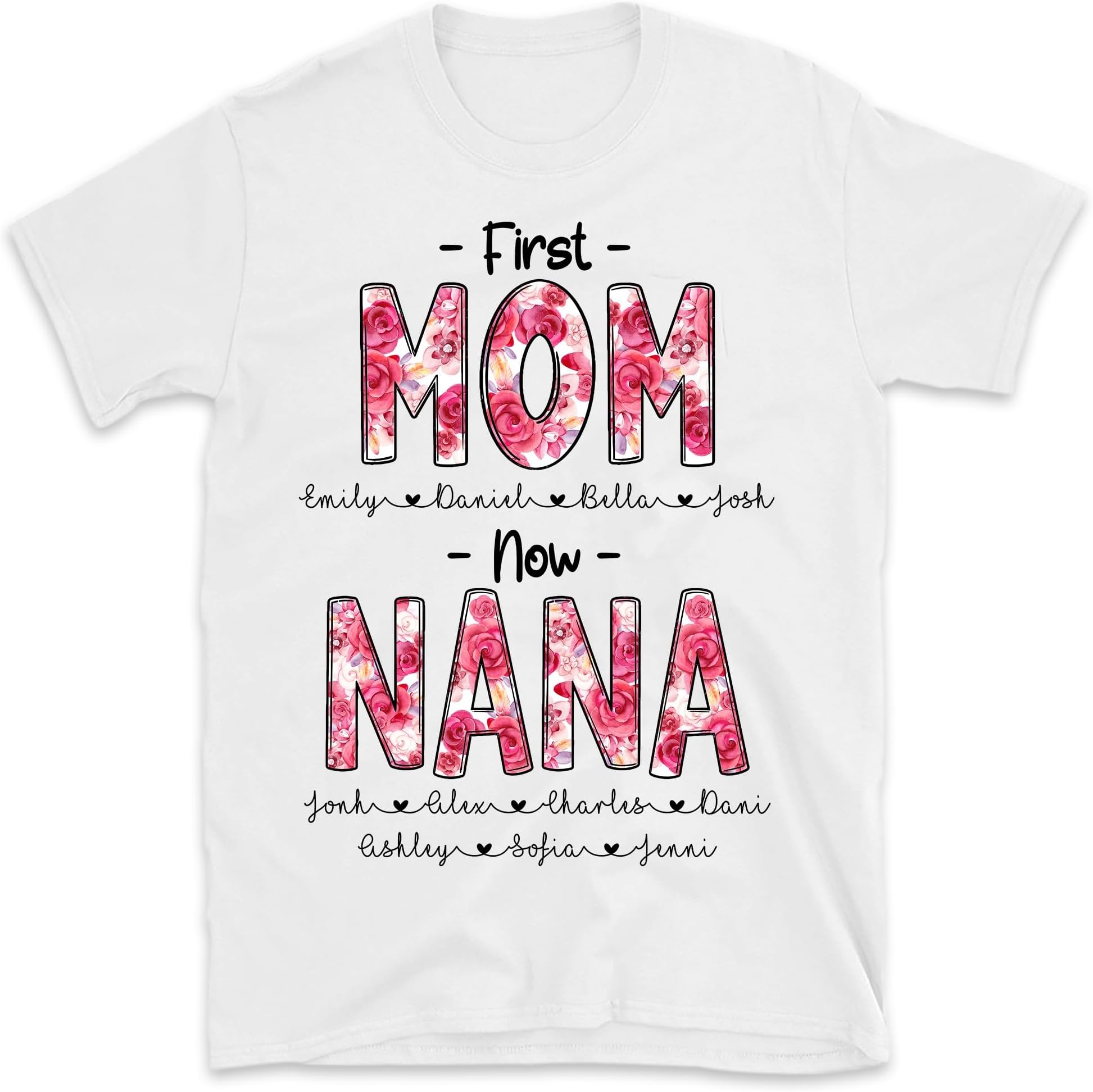 First Mom Now Grandma Flower Pattern Shirt, First Mom Now Nana Shirt, Custom Birth Month Flowers, for Nana Grandma, Small