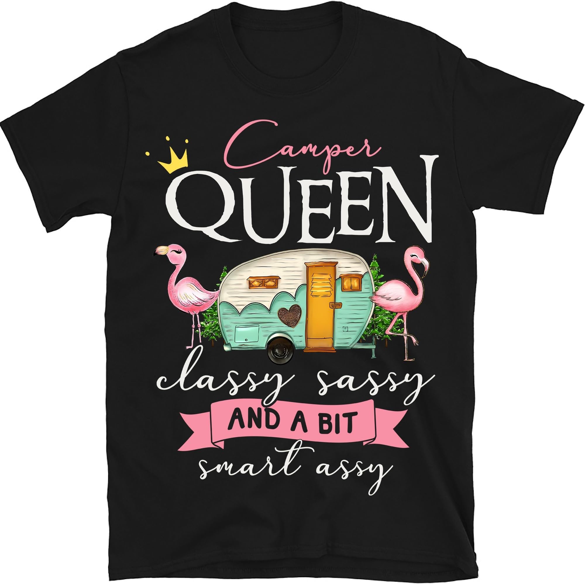 Flamingo Camper Queen Classy Sassy and A Bit Smart Assy Shirt, Funny Flamingo Camping Shirt, Womens RV Camping Lover Shirt, Small