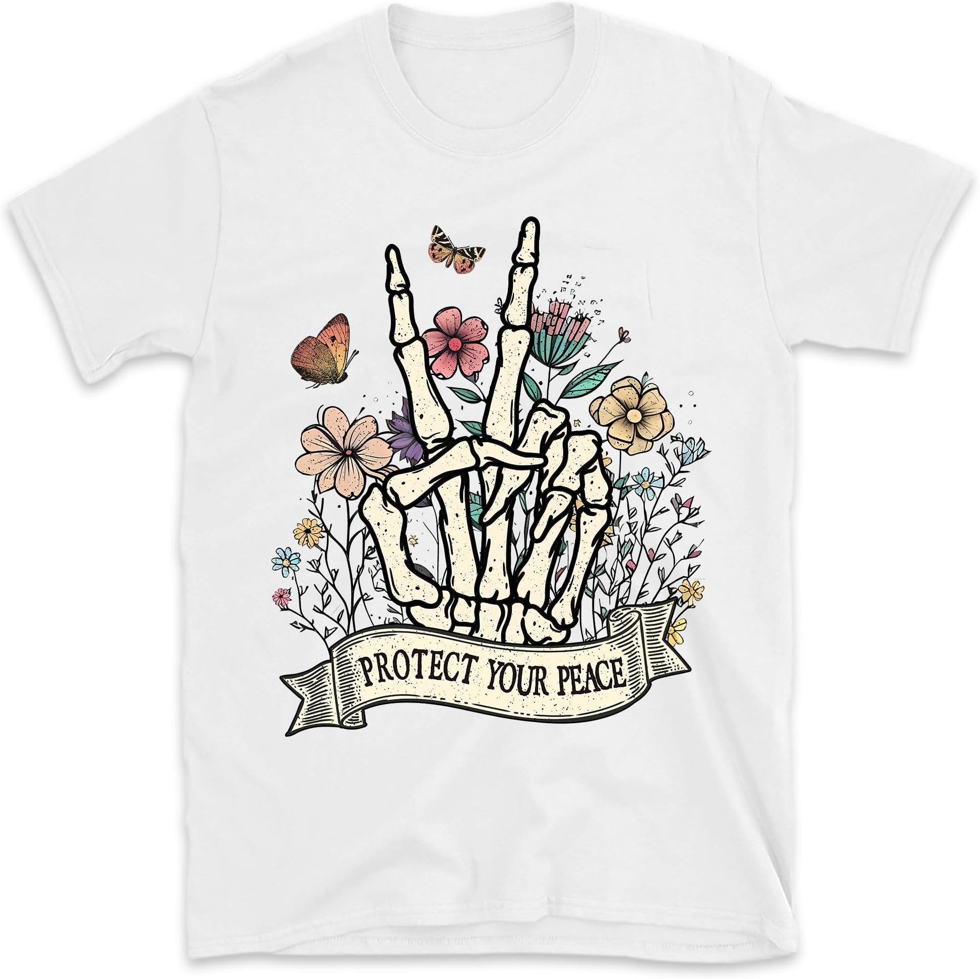 Protect Your Peace Shirt, Mental Health Shirt, Floral Skull Skeleton Shirt, Vintage Flower Shirt, Retro Shirt