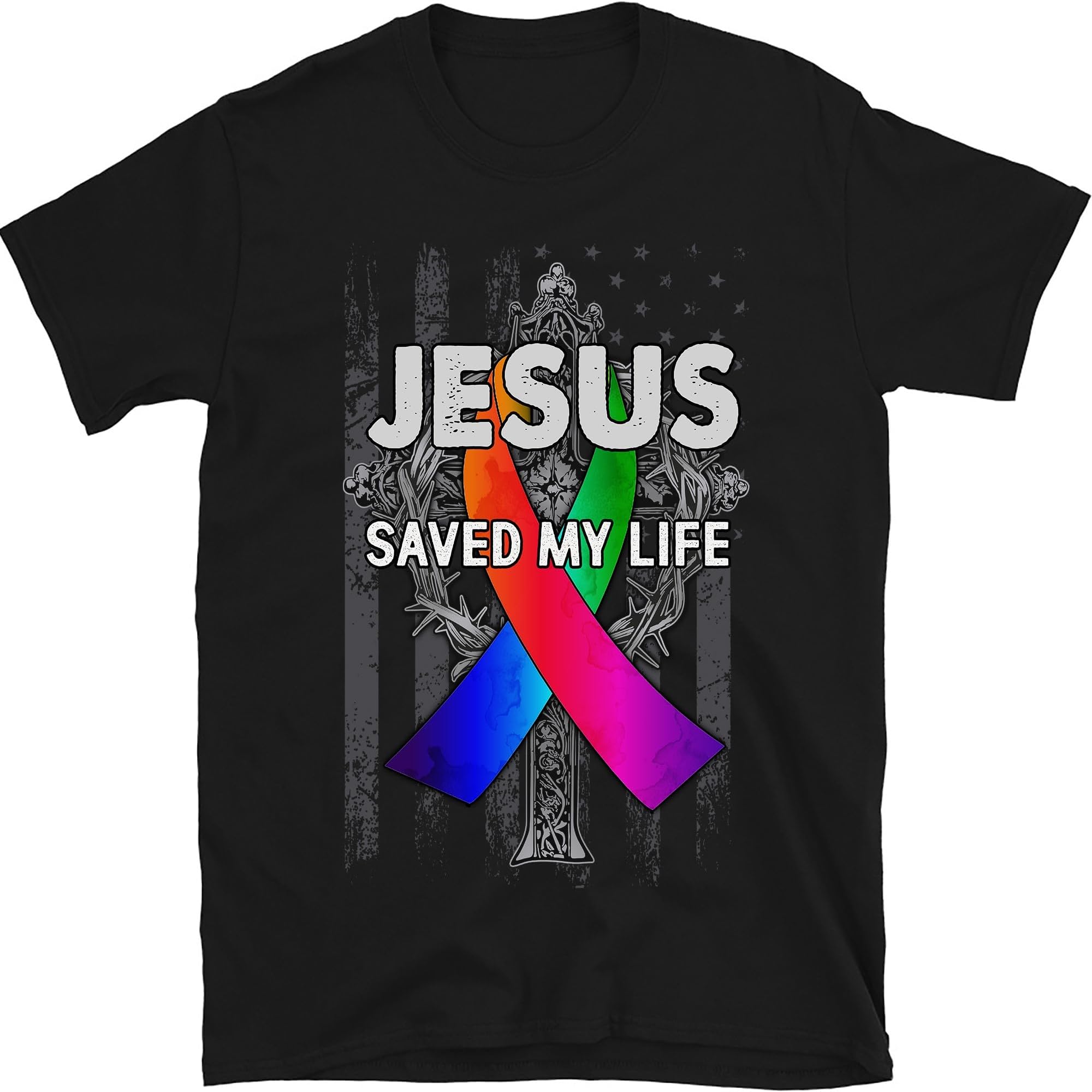 Jesus Saved My Life Cancer Awareness Shirt, Colorful Ribbon Cancer Awareness Shirt, Cancer Warrior Shirt, Cancer Supporters Gift Tees
