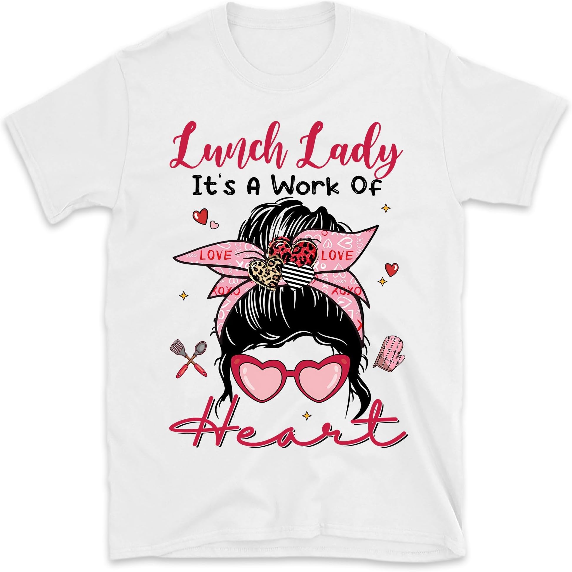 Lunch Lady It's A Work of Heart Shirt, Valentine Messy Bun Lunch Lady Shirt, Cafeteria Crew Shirt, Lunch Lady Valentines Day Gift