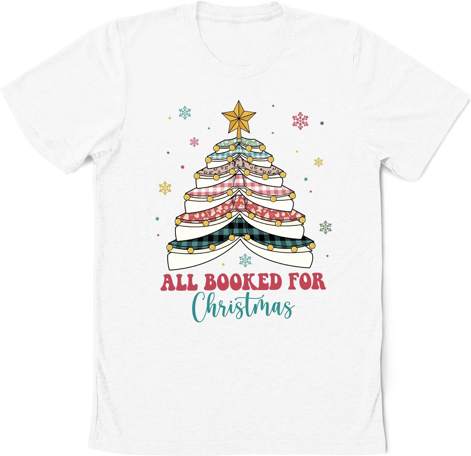 All Booked for Christmas Groovy Shirt, Buffalo Plaid Book Christmas Tree Shirt, Vintage Bookworm Shirt, Retro for Librarian