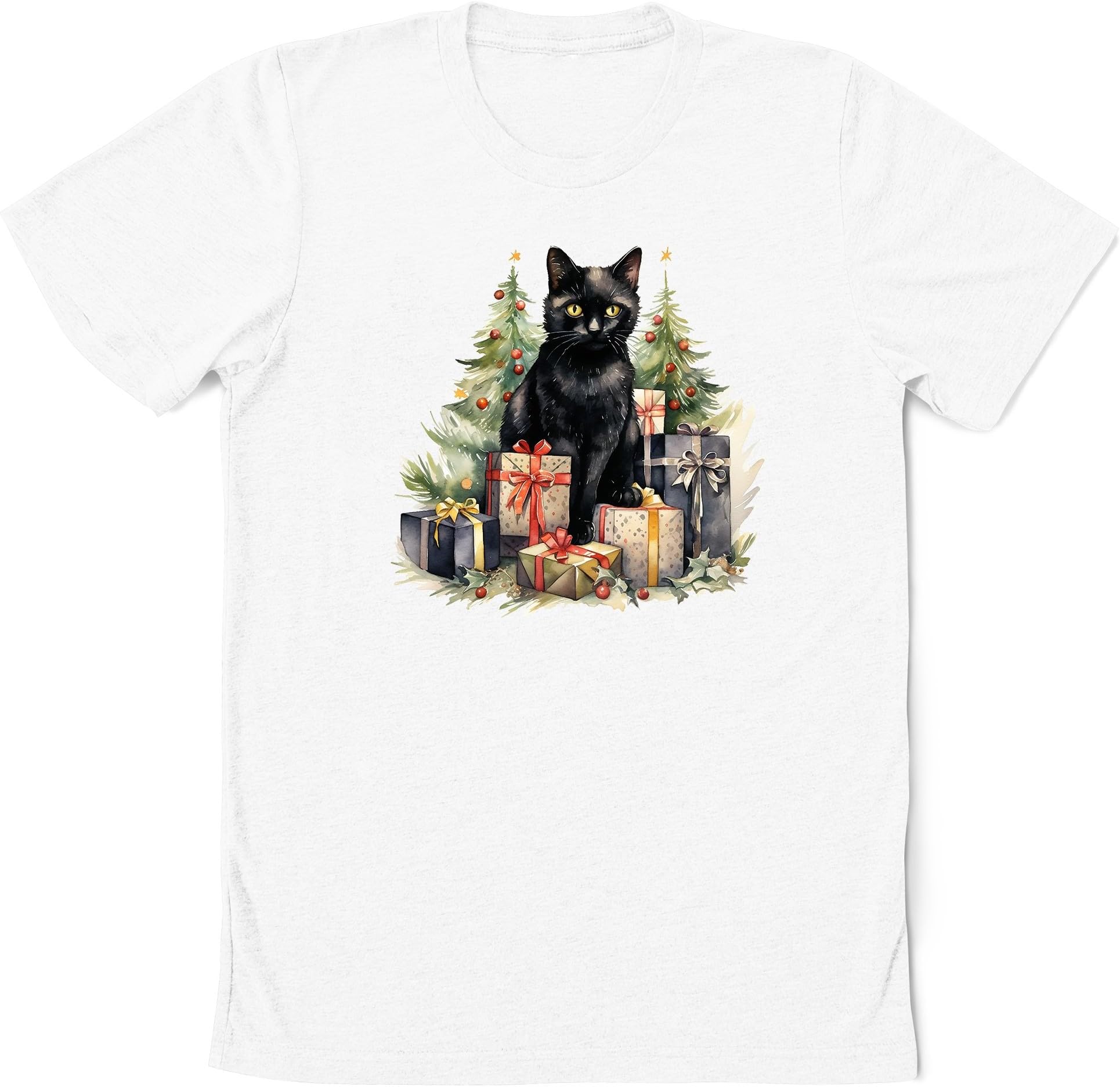 Christmas Cat Watercolor Shirt, Black Cat Christmas Tree Shirt, Funny Black Cat for Cat Lover
