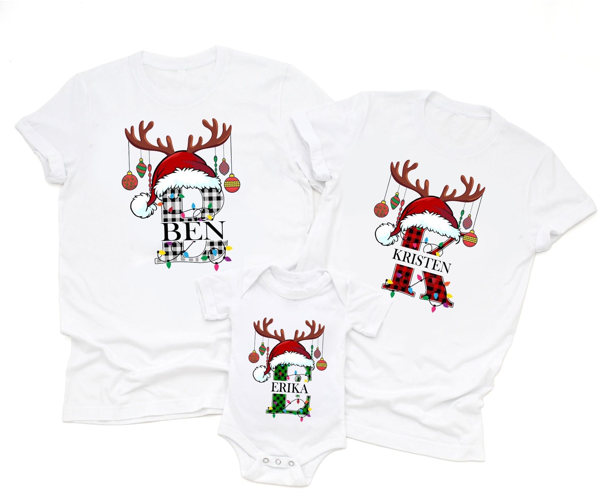 Personalized Christmas Name Initial Shirt, Custom Buffalo Plaid Christmas Name with Christmas Lights Tee, Monogrammed Family Christmas Shirt