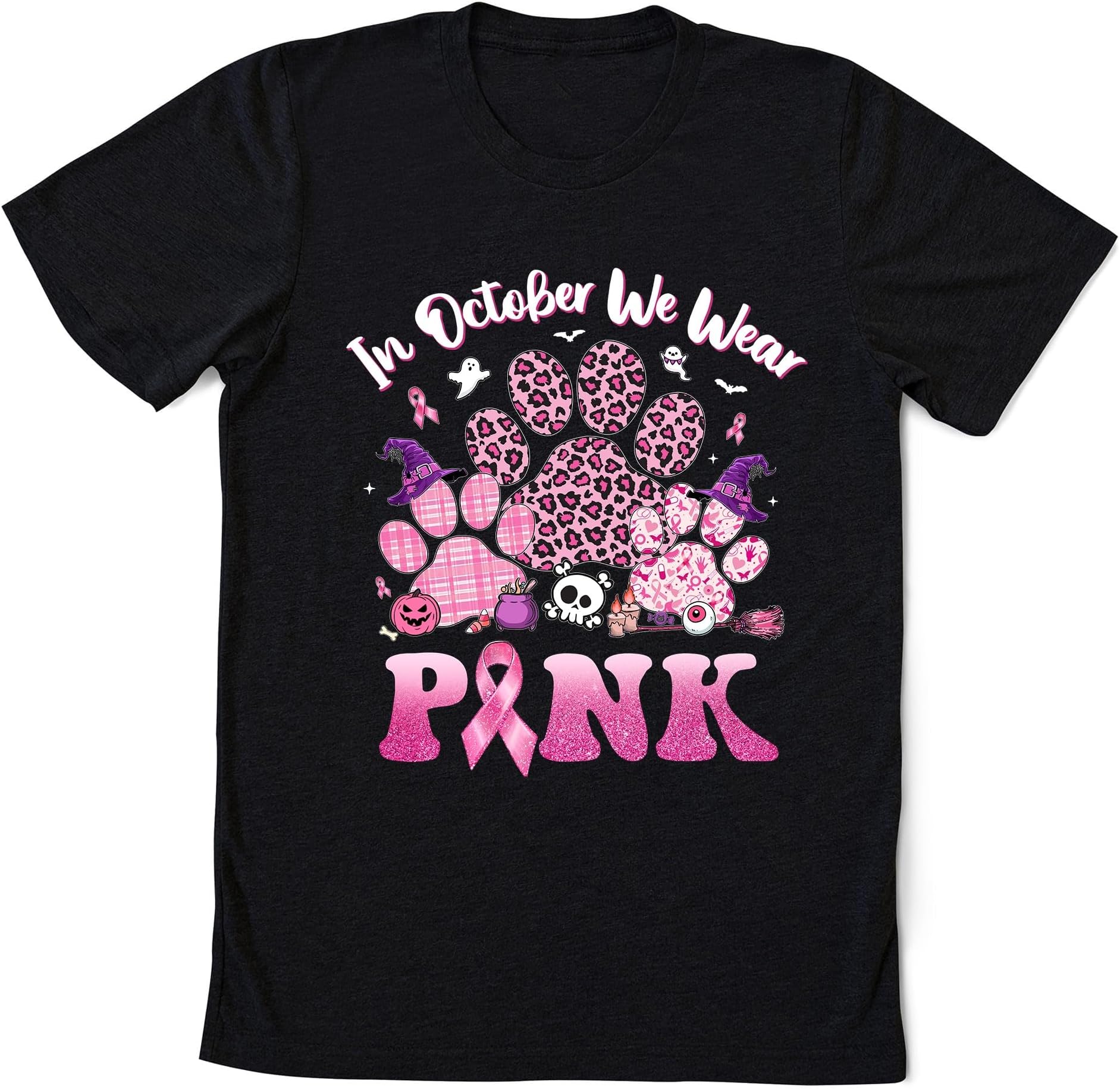 in October We Wear Pink Breast Cancer Awareness Shirt, Breast Cancer Halloween Dog Paws Shirt, Pink Warrior Shirt, Pink Hallowen Shirt