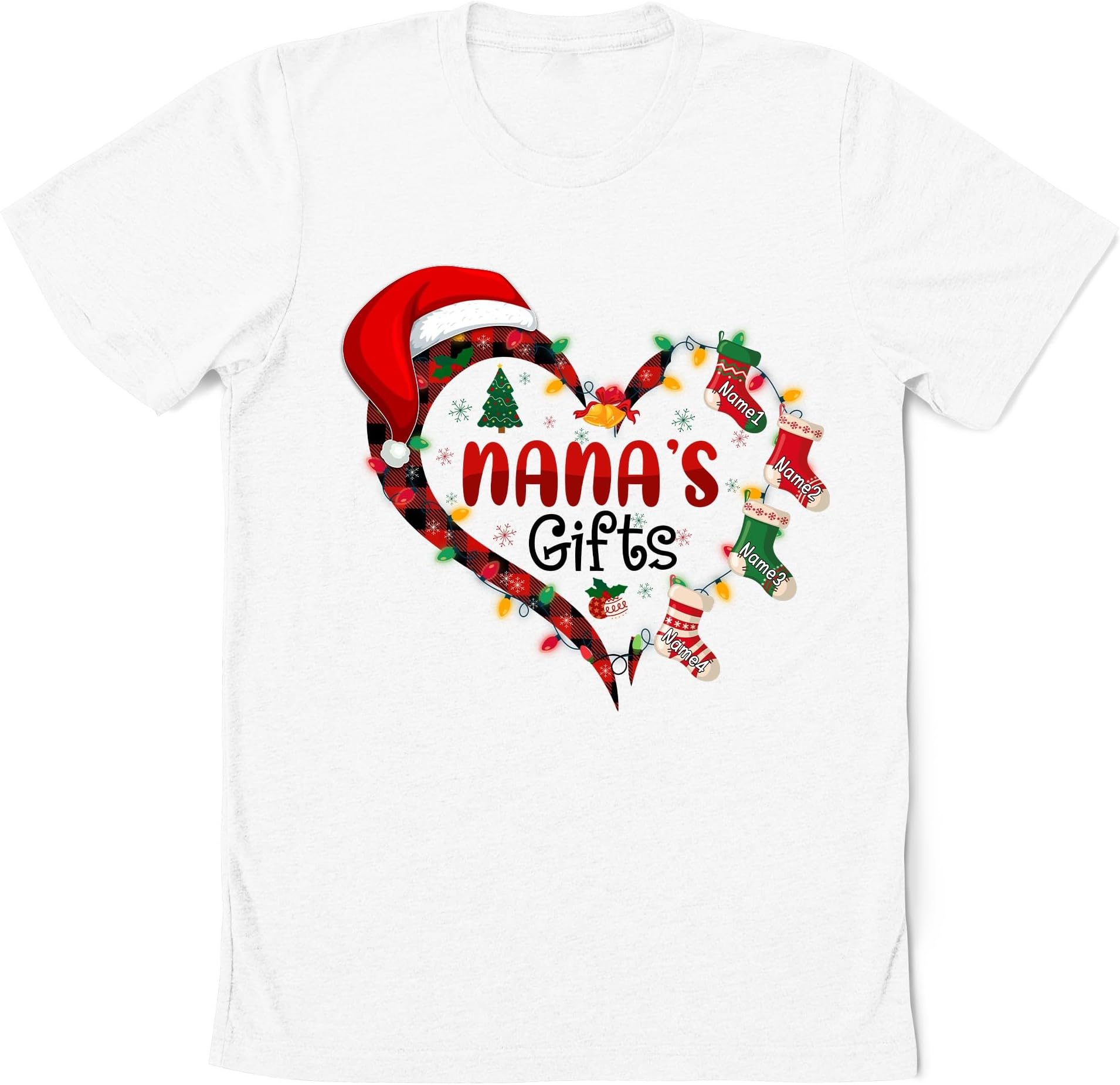 Personalized Nana's Gifts Heart Christmas Shirt, Custom Grandma Christmas Shirt with Stockings Christmas, for Grandma Nana Mimi Gigi