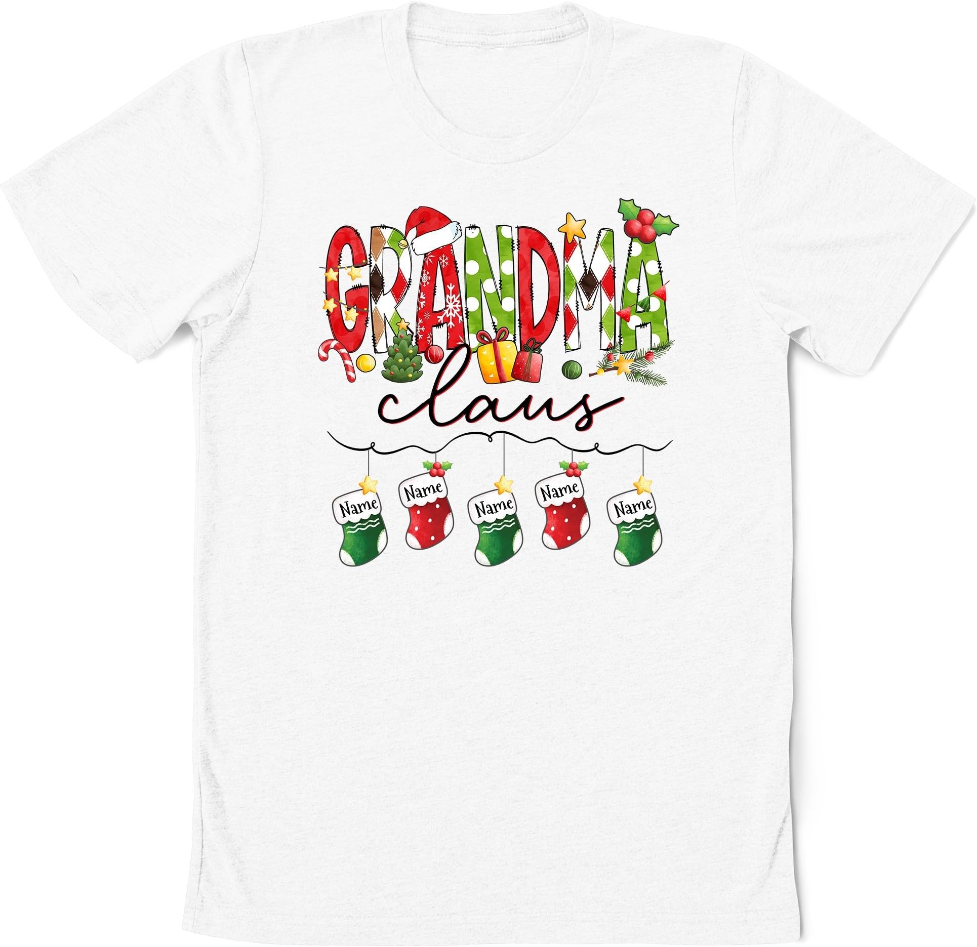 Custom Christmas Mimi Claus Stocking Kids Shirt, Christmas Grandma Nana Mimi Shirt with Kidnames, Grandma Nana Claus Christmas Shirt