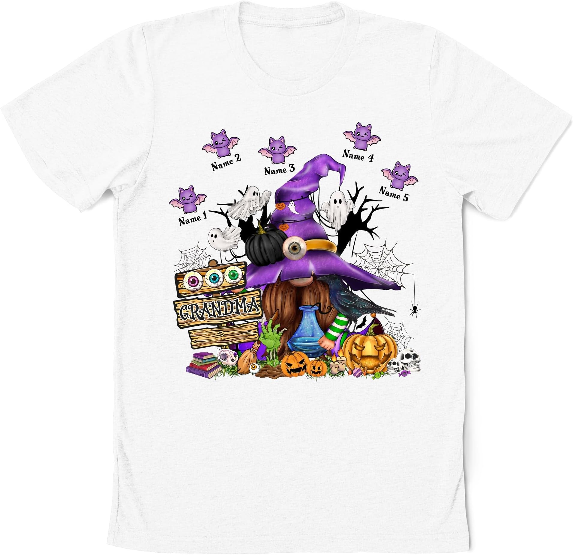 Personalized Halloween Grandma Gnome Witch Shirt, Funny Bat with Custom Grandkids Names Shirt, Family for Mom