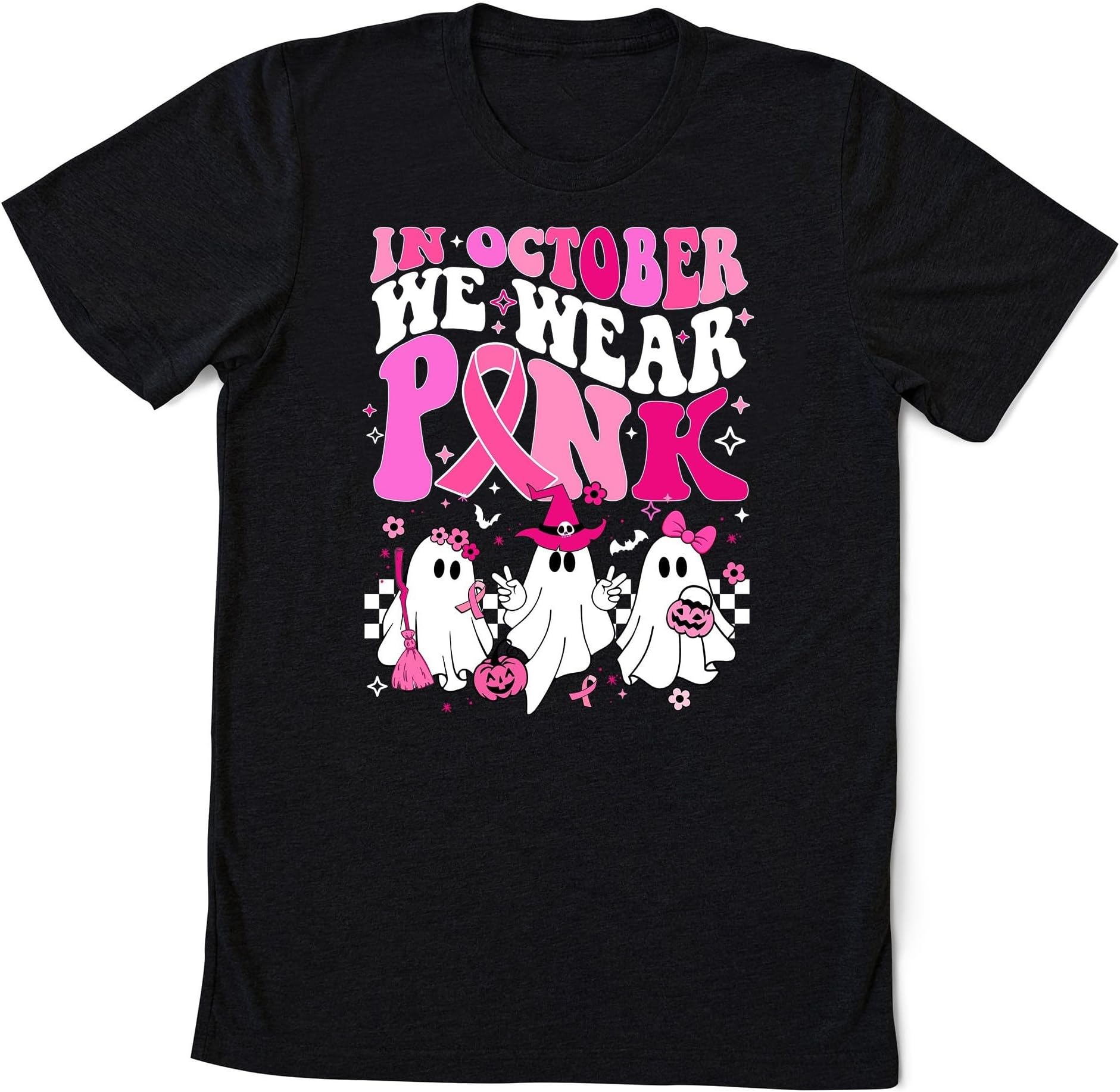 in October We Wear Pink Shirt, Ghost Breast Cancer Awareness Shirt, Pink Cancer Warrior Halloween Shirt, Ghost Pink Ribbon