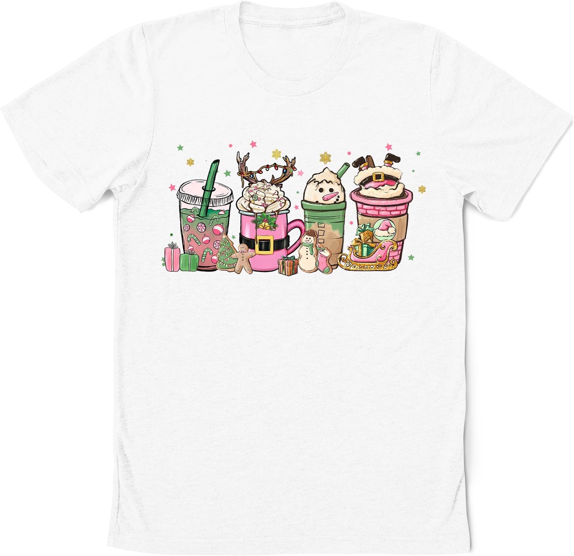 Pink Christmas Coffee Sweatshirt, Santa Reindeer Latte Drink Cups Shirt, Cozy Winter Coffee Sweatshirt, Coffee Christmas Party GiftF