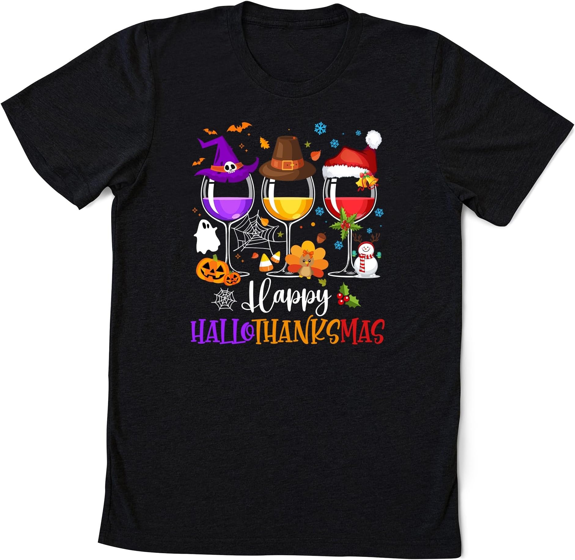 Happy HalloThanksMas Wine Shirt, Wine HalloThanksMas Sweatshirt, Wine Halloween Thanksgiving Christmas Shirt Gift for Wine Lover