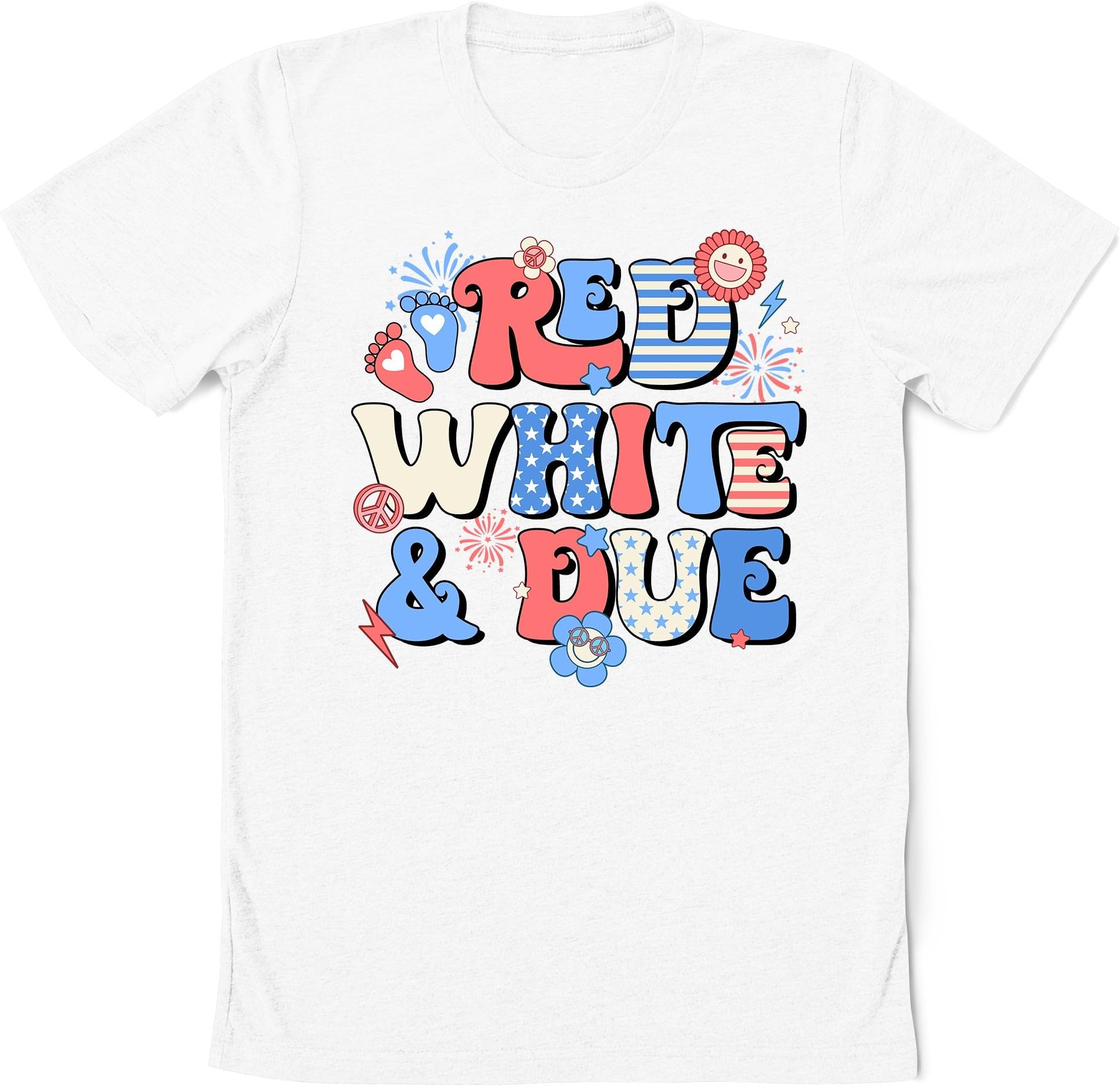 Red White and Due Pregnancy Announcement 4th of July Groovy T-Shirt, L&D Crew Labor and Delivery Nurse 4th of July T-Shirt