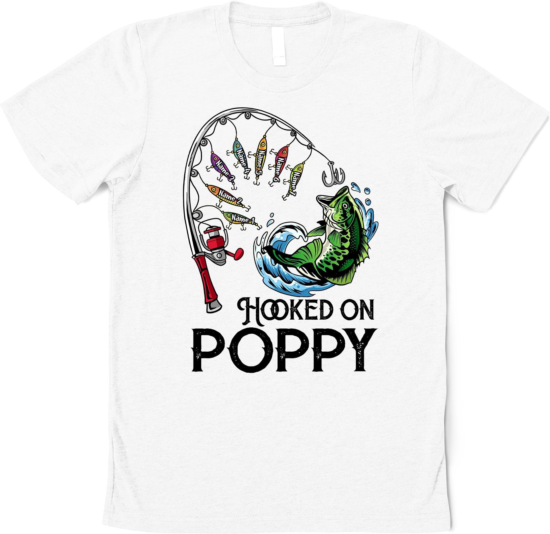 Personalized Hooked On Poppy Fishing with Kids Name Father's Day T Shirt, Custom Kids Name for Fishing Fisher Grandpa