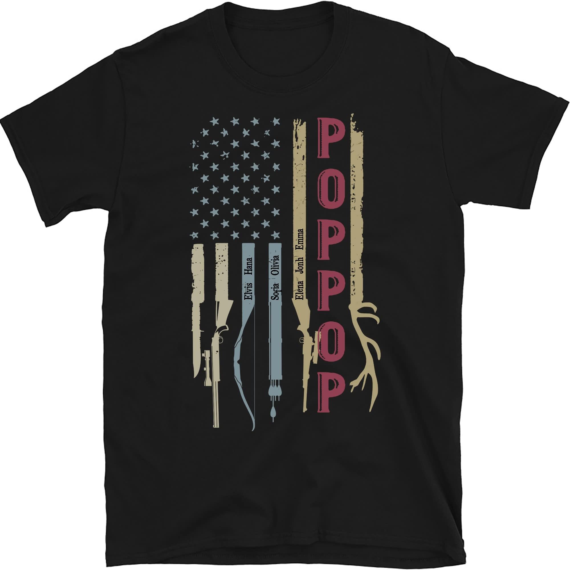 Personalized Hunting Papa Shirt, Hunting and Fishing US Flag Papa with Grandkids Names Shirt, Fathers Day Hunter Fish Papa T Shirt