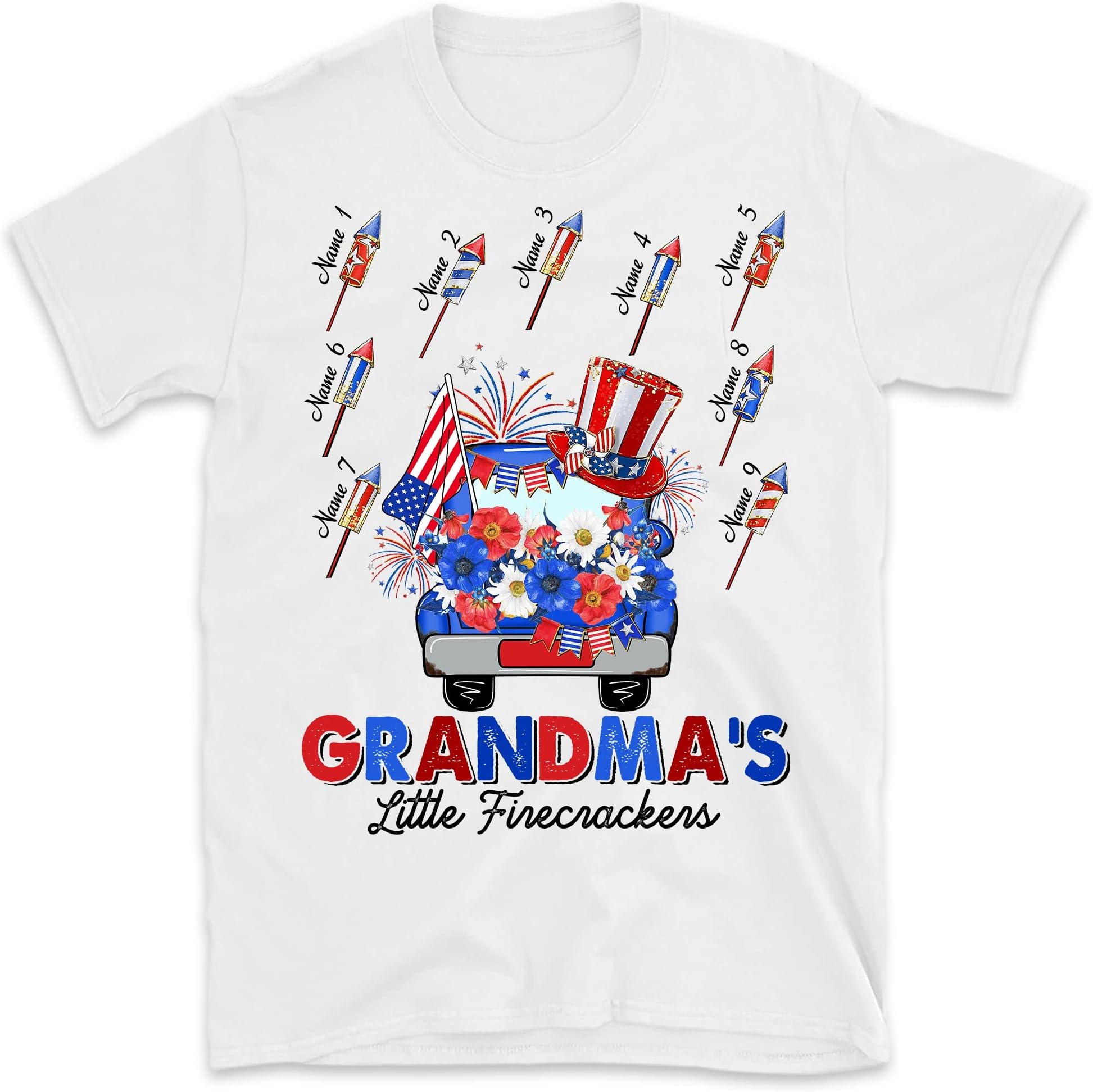 USA Flag Shirt, 4th of July Nana Gift, Patriotic Grandma Shirt, Personalized Nanas Little Firecrackers Shirt, Nana Tee with Grandkids Names