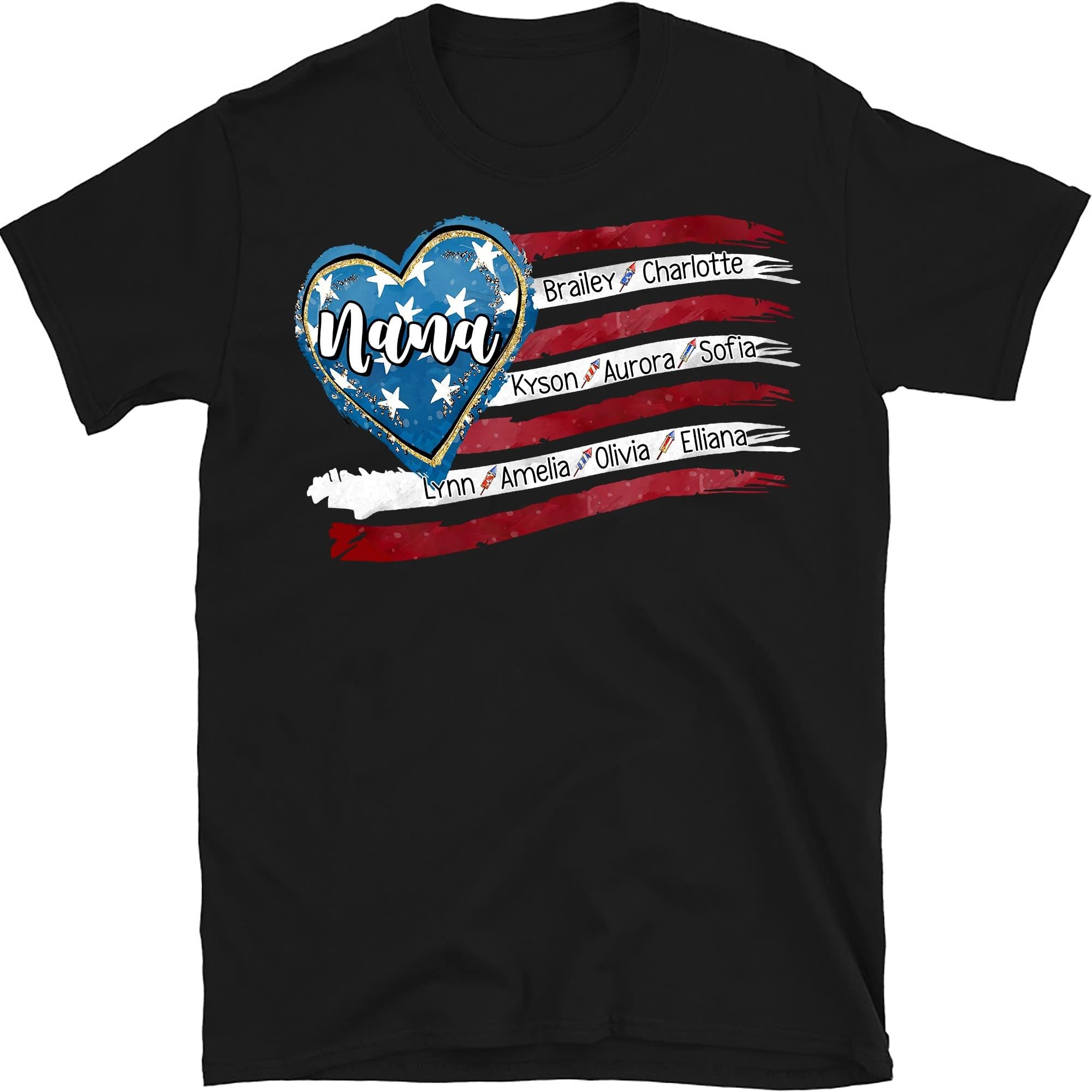 Custom 4th of July Mimi USA Flag with Grandchild Names, Custom Grandma Shirt, Patriotic 4th of July Firecrackers Shirt for Independence Day