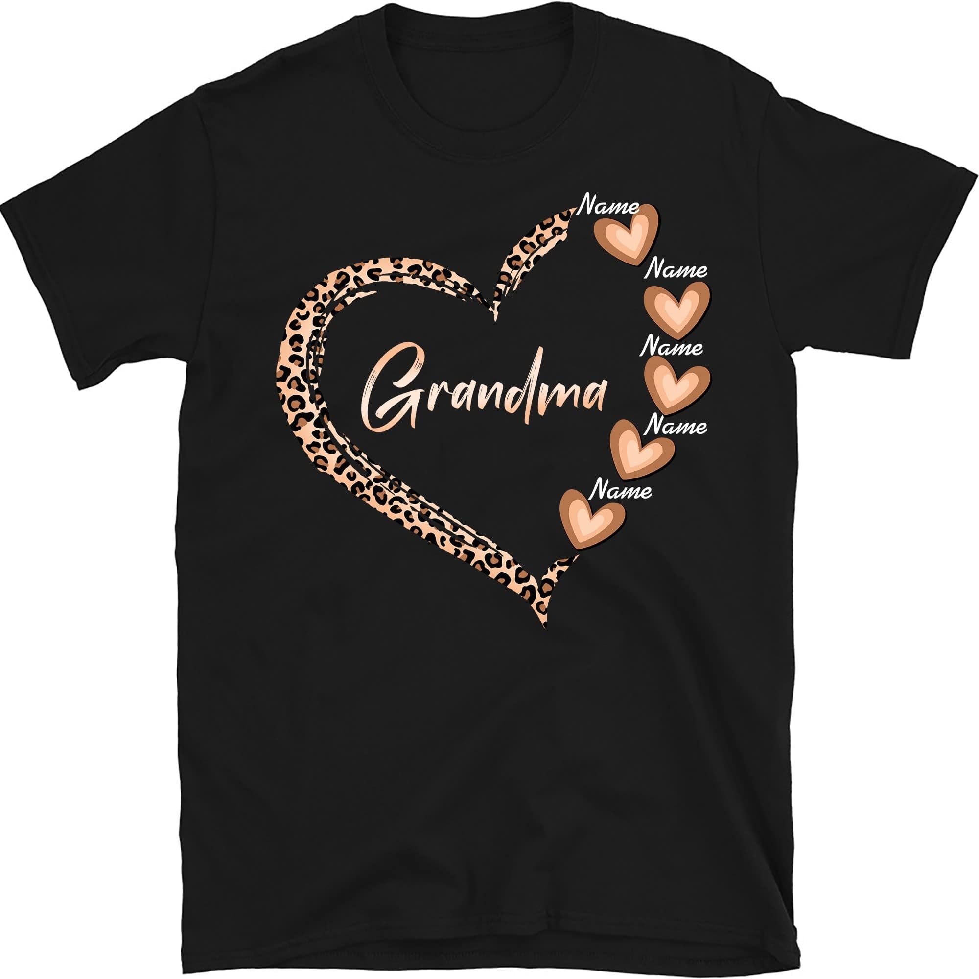 Personalized Grandma Grandkids Shirt with Leopard Heart, Custom Grandma Heart Shirt, Best Gifts for Mother's Day, Mother's Day Tee