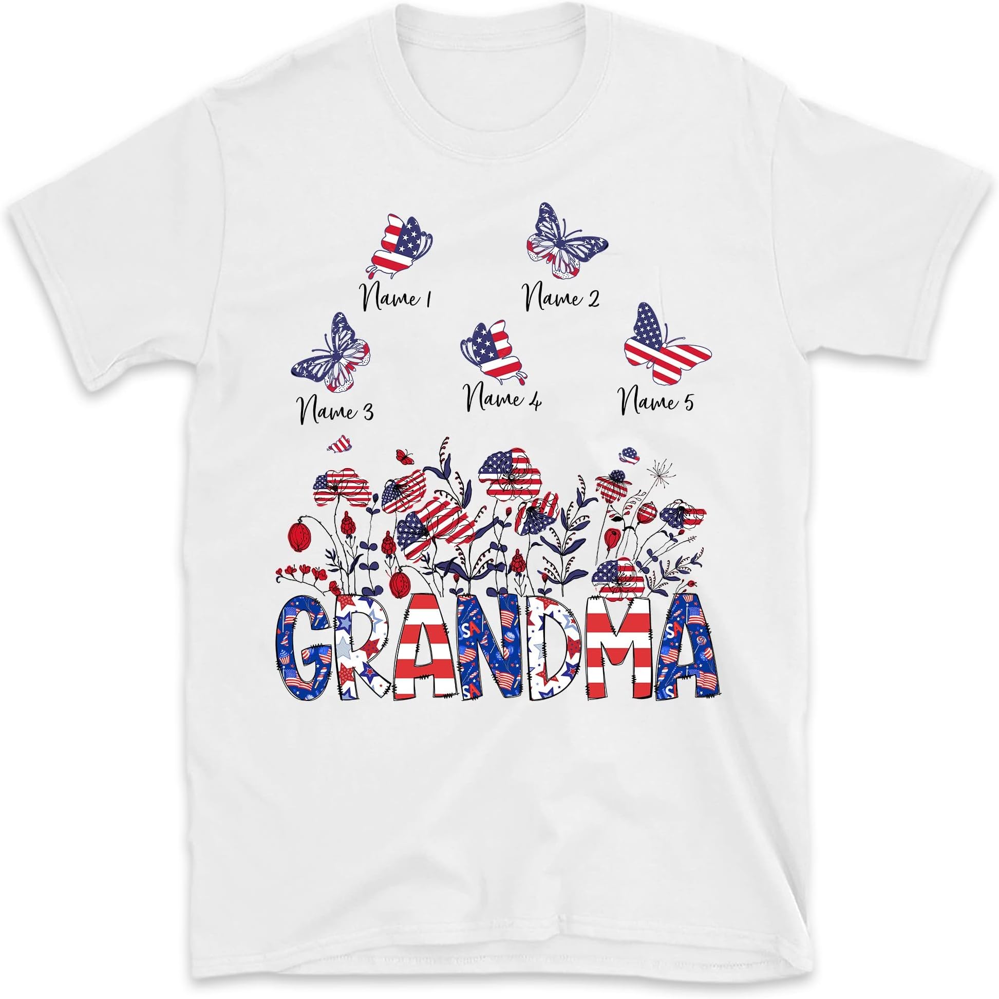 Personalized Butterflies Grandma Shirt, Mimi Flowers with Grandkid Names Custom Shirt, 4th of July Shirt, Butterfly Nana Gift for Her