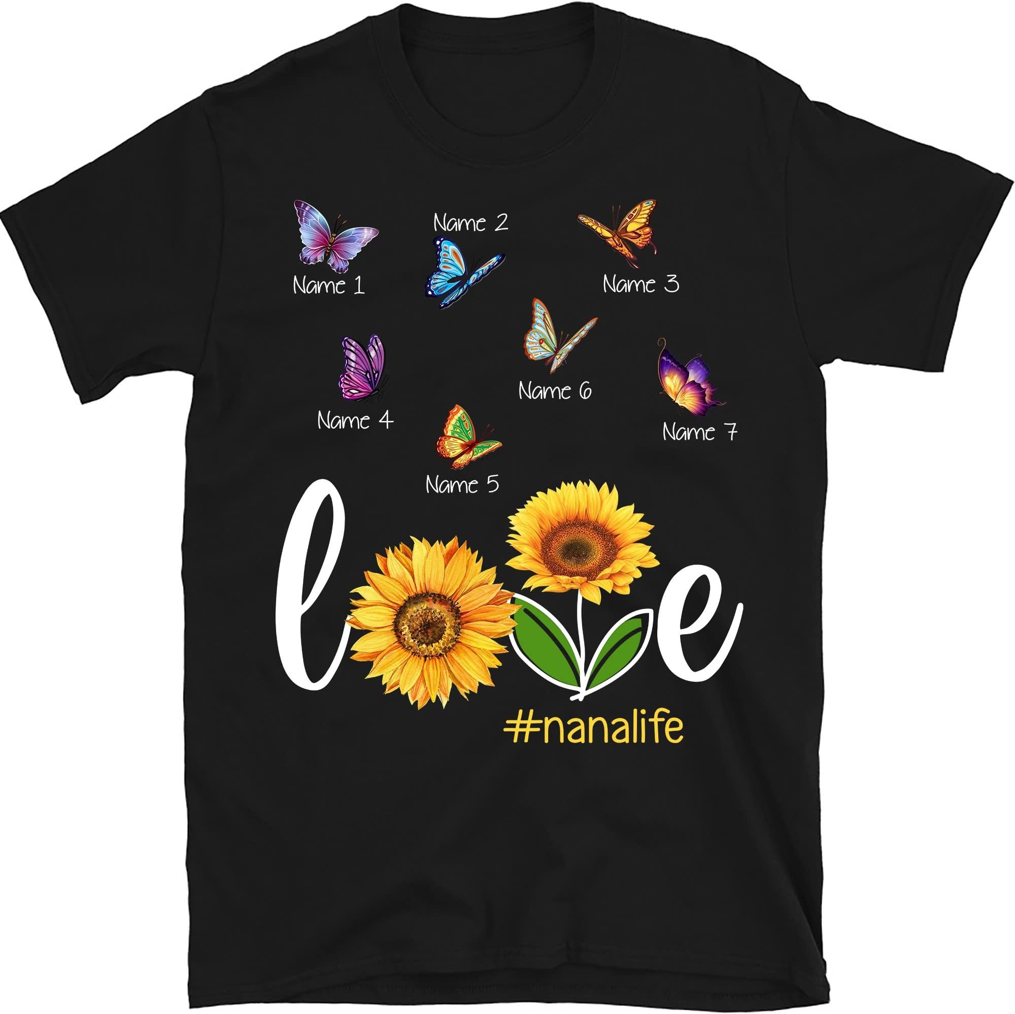 Personalized Grandma and Grandkid Butterfly, Custom Grandma with Kids and Grandkids Names Sunflowers T-Shirt