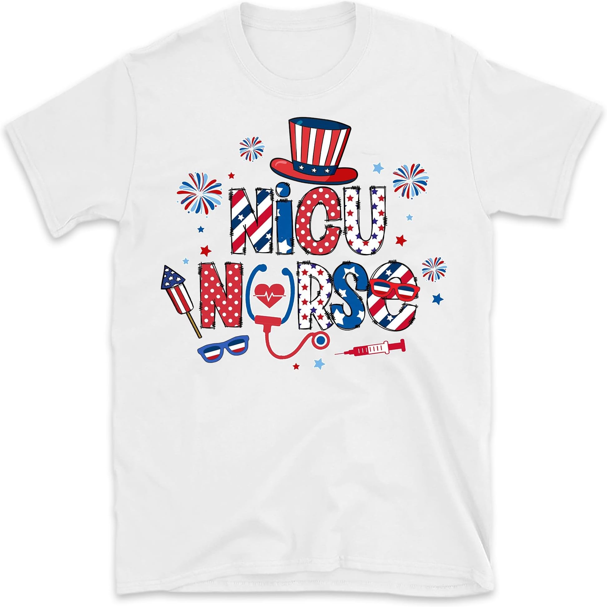 4th of July Shirt for Women Stethoscope Patriotic NICU Nurse T-Shirt,Registered Nurse Shirt, Nurse Gift Shirt, July 4th Nurse Shirt