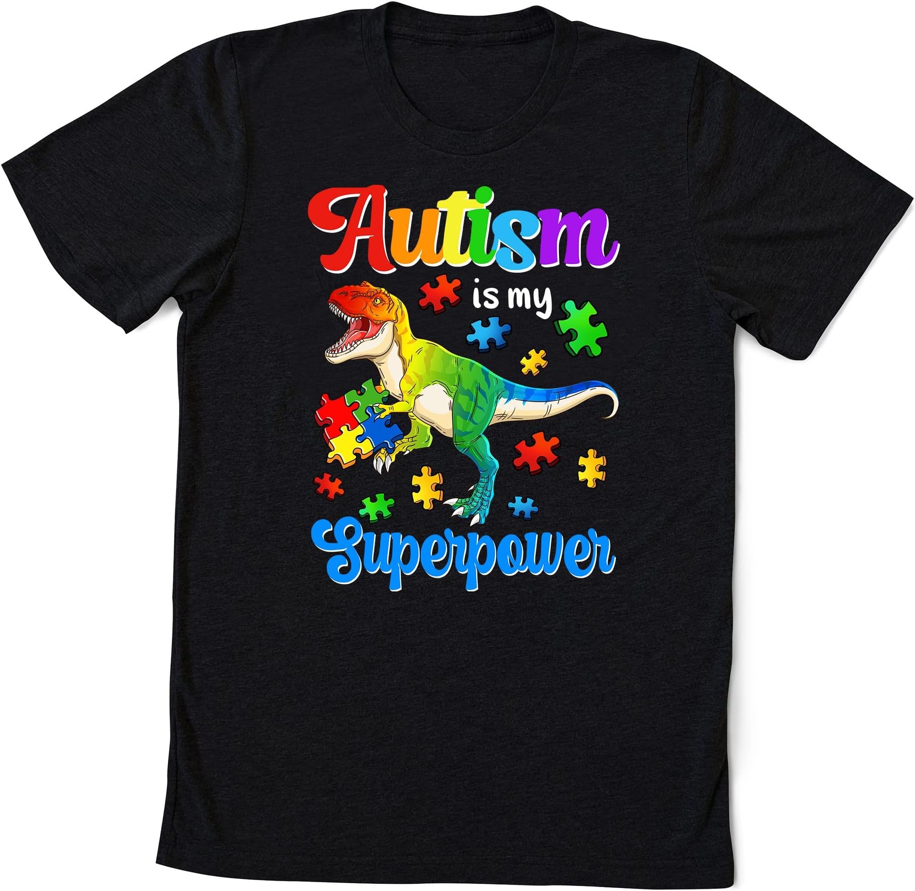 Dinosaur Rex Autism is My Superpower Autism Awareness T-Shirt, Autism Mom Shirt, Autism Support, Autism Teacher Shirt, Blue Rainbow Puzzle Shirt