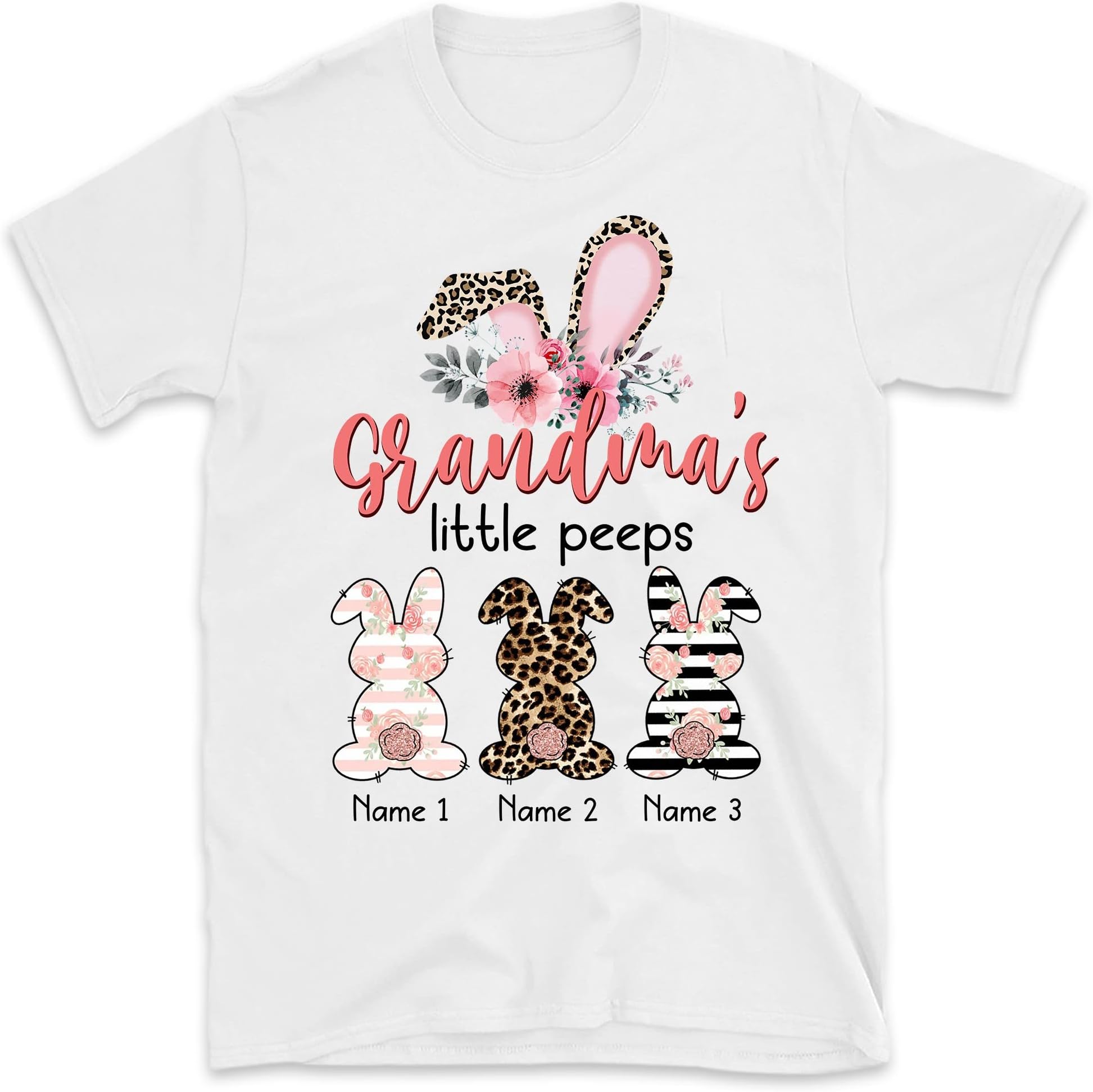 Personalized Grandma Easter T-Shirt, Easter Grandma Bunny Shirt, Grandma Shirt with Grandkids Name, Gifts for Nana Mimi, Cute Easter Shirt Multicolored