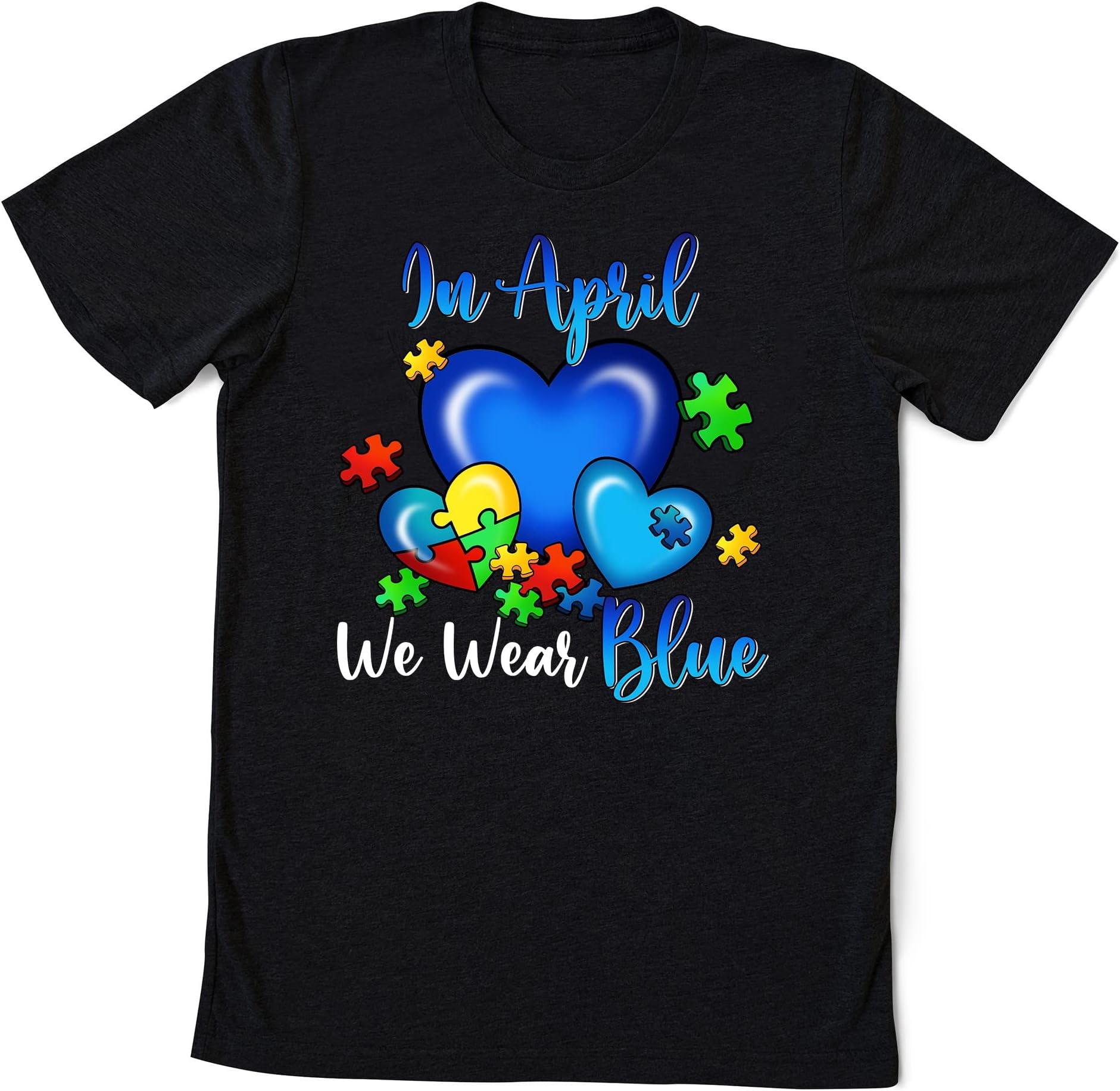 in April We Wear Blue Autism Shirt, Autism Awareness Month Shirt, Autism Kids Shirt, Rainbow Heart Puzzle, Autism Mom Life Gift Shirt
