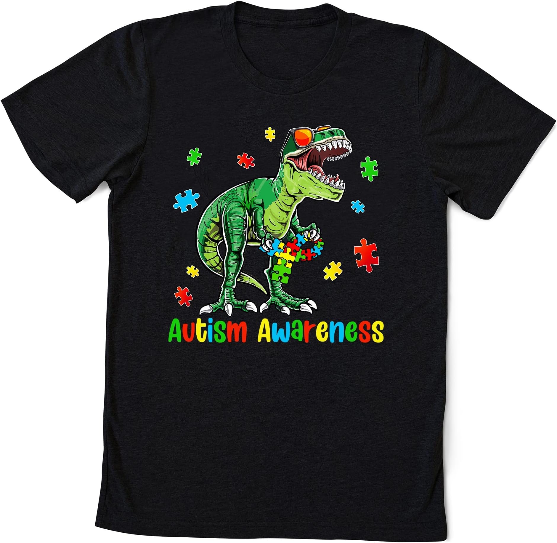 Autism Awareness Dinosaur Colorful Autism Puzzle Pieces Kids T-Shirt, Autism Mom Outfit, Autism Puzzle T-Shirt, Autism Support Clothing