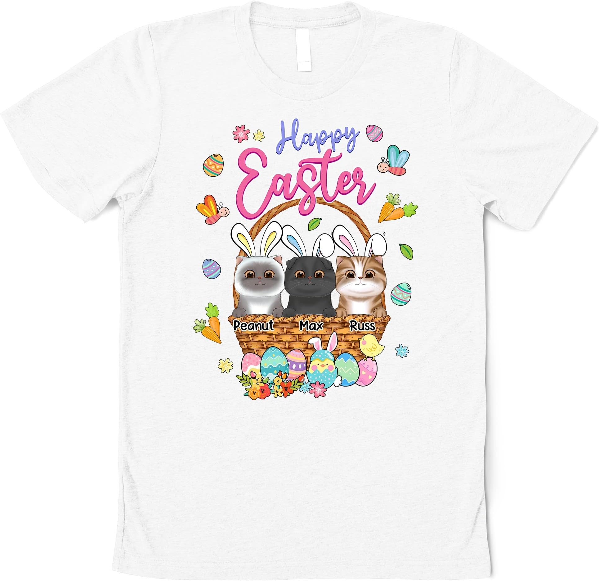 Personalized Cat Happy Easter T-Shirt, Easter Bunny Shirt, Custom Cat Shirt, Easter Eggs Spring Shirt, Cat Mom Shirt Multicolored