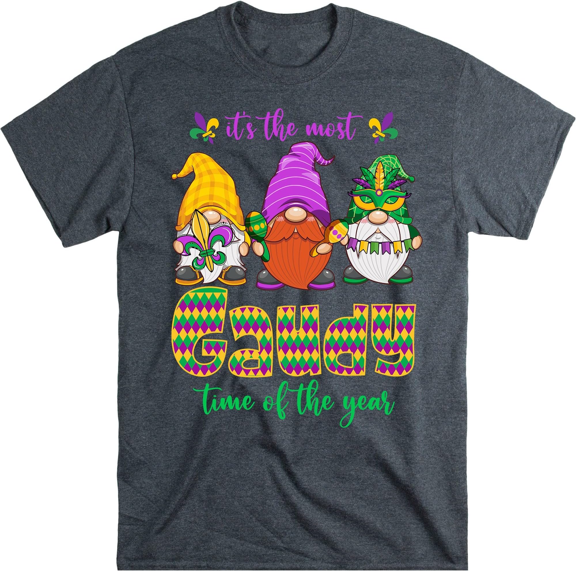 Gaudy Time 0f The Year Shirt, Gnomes Fleur-De-Lis Shirt, Women Fat Tuesday Shirt, Mardi Gras Gnome Shirt, Louisiana Shirt – Dark Heather/X-Large