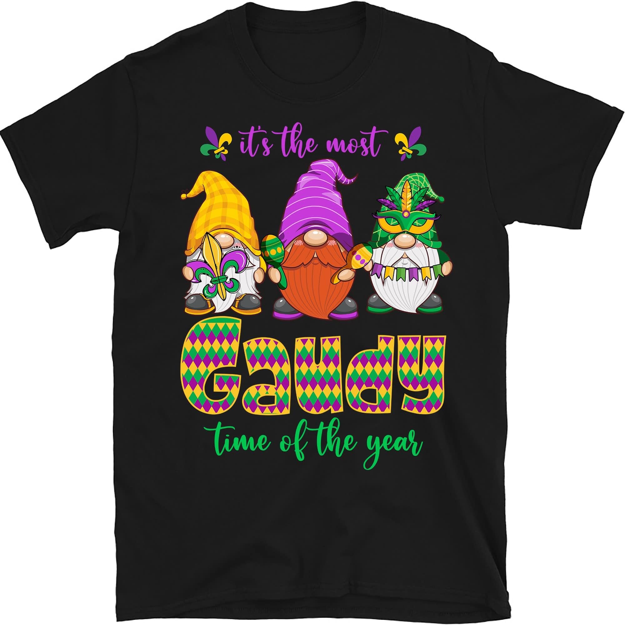 Gaudy Time 0f The Year Shirt, Gnomes Fleur-De-Lis Shirt, Women Fat Tuesday Shirt, Mardi Gras Gnome Shirt, Louisiana Shirt – Black/X-Large