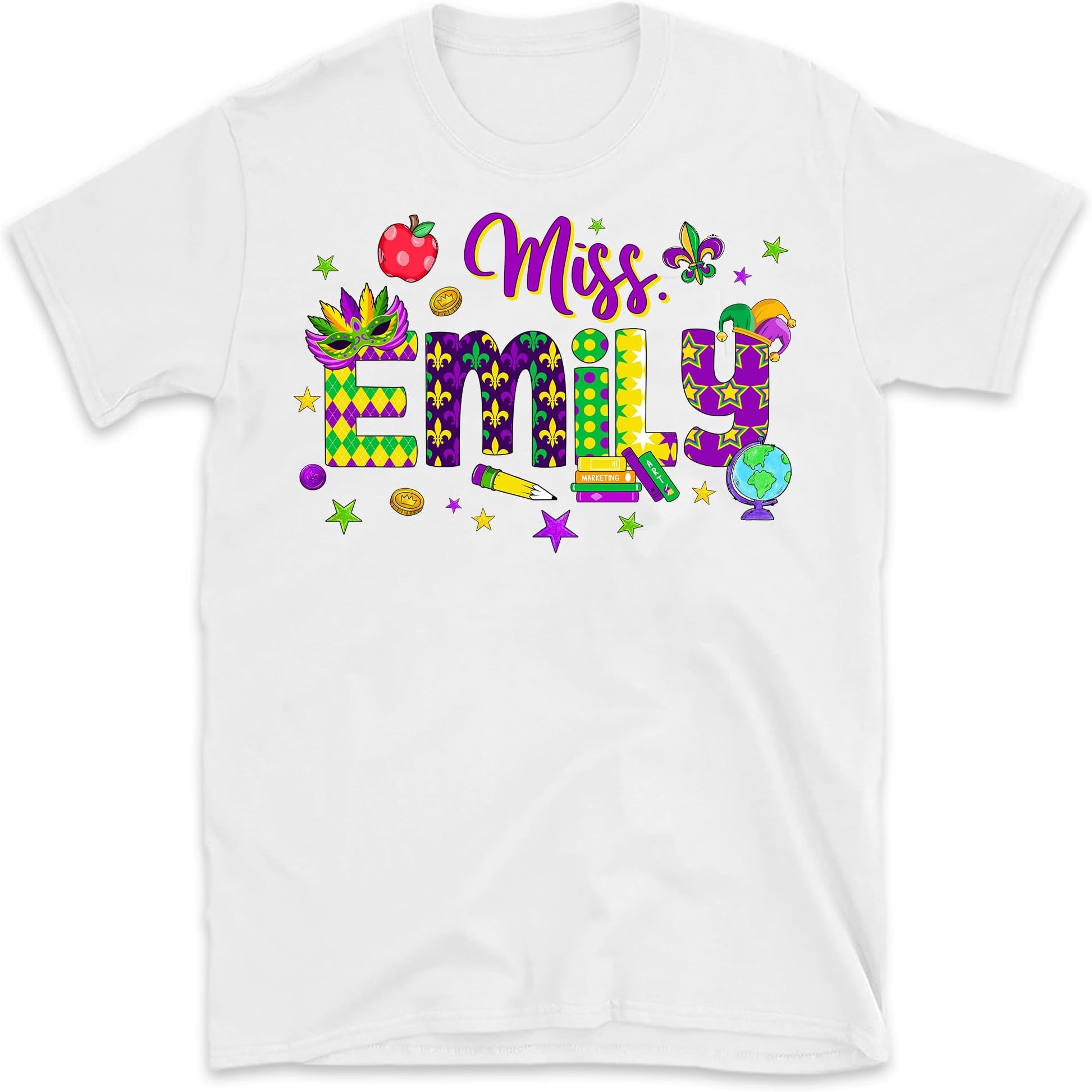Personalized Name Teacher Mardi Gras Shirt Gifts for Mardi Gras Funny Kindergarten Elementary First Grade Teacher Tee Custom Name Multicolored