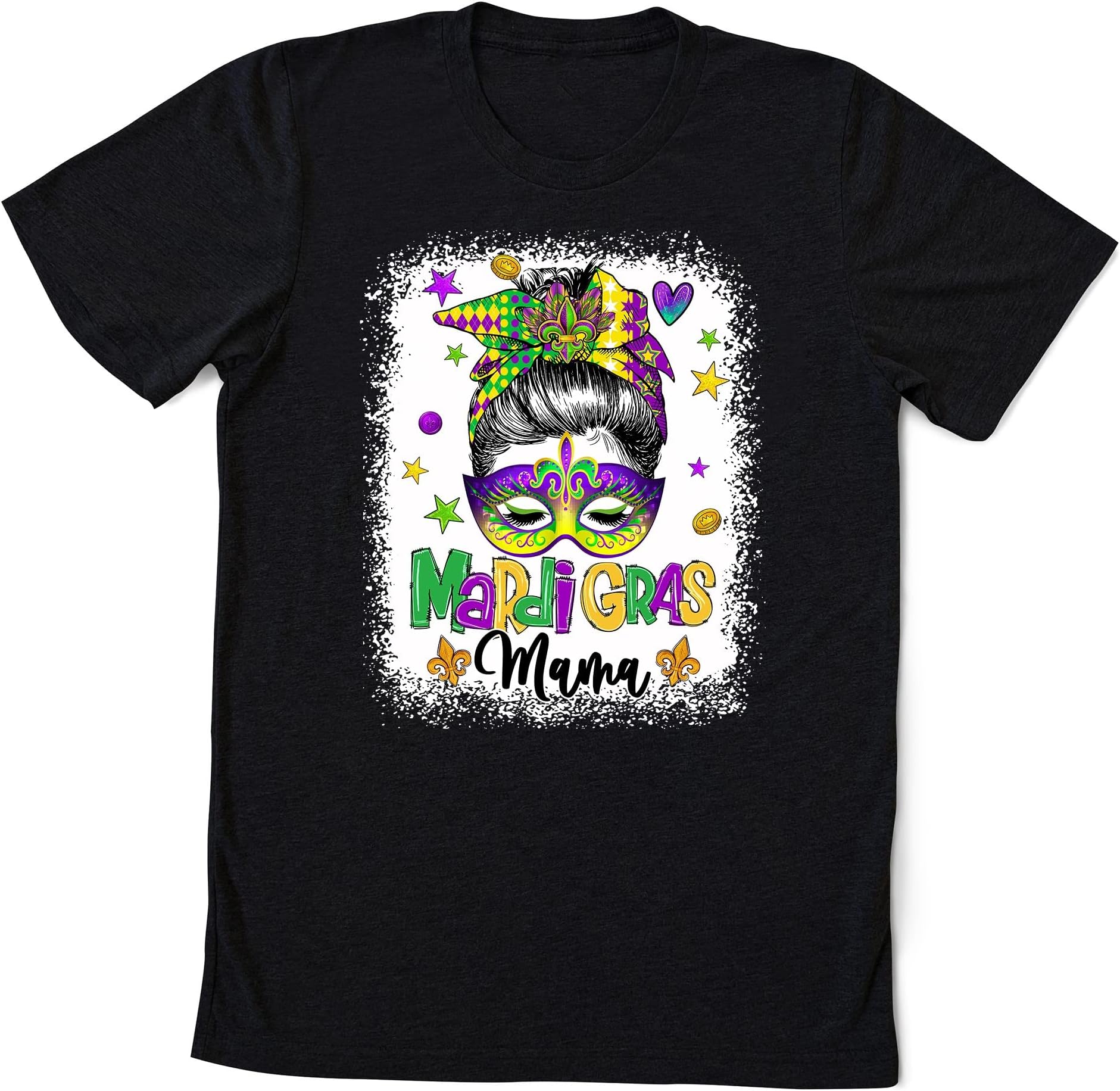 Messy Bun Hair Glasses New Orleans Carnival Mardi Gras Mama T-Shirt, Mardi Gras Shirt Grandma Mimi Nana Multicolored