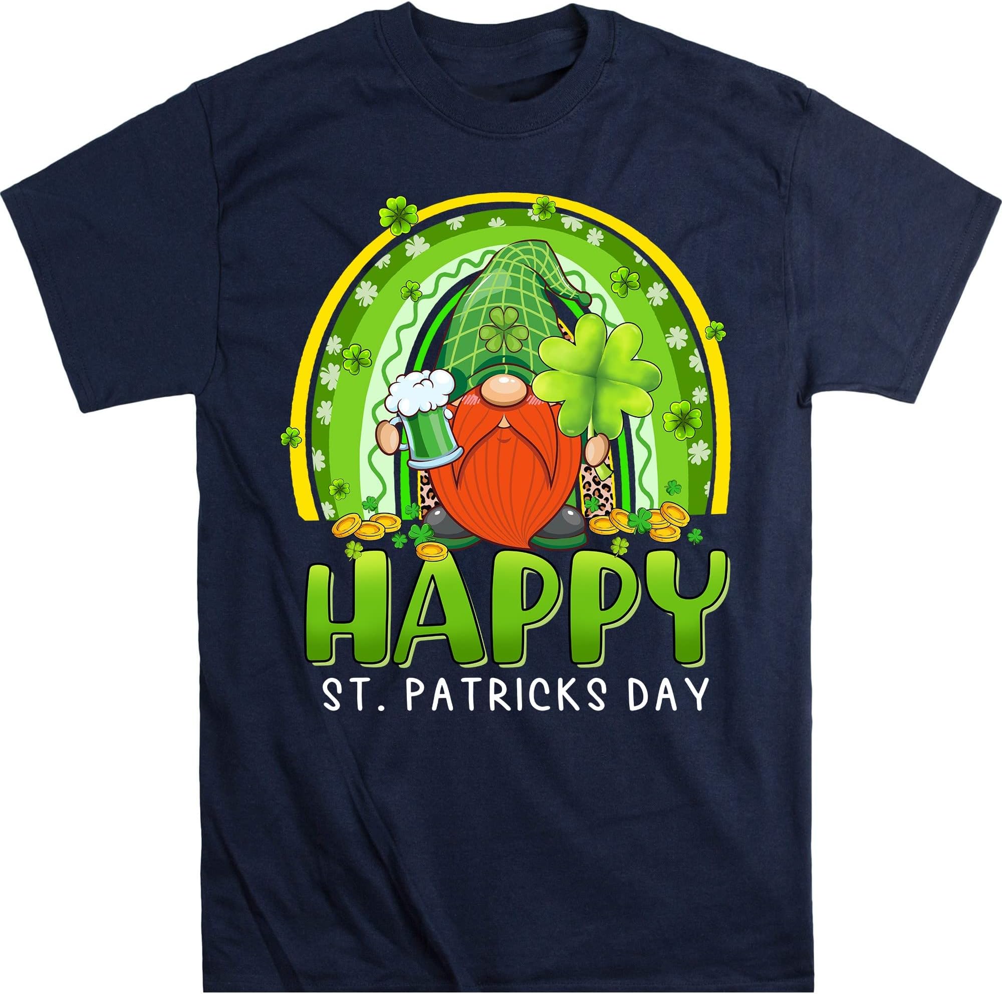 Gnome Holding Lucky Shamrock Rainbow Leopard St Patricks Day T-Shirt, Shamrock Shirt, St Patrick's Day Shirts – Navy/XX-Large