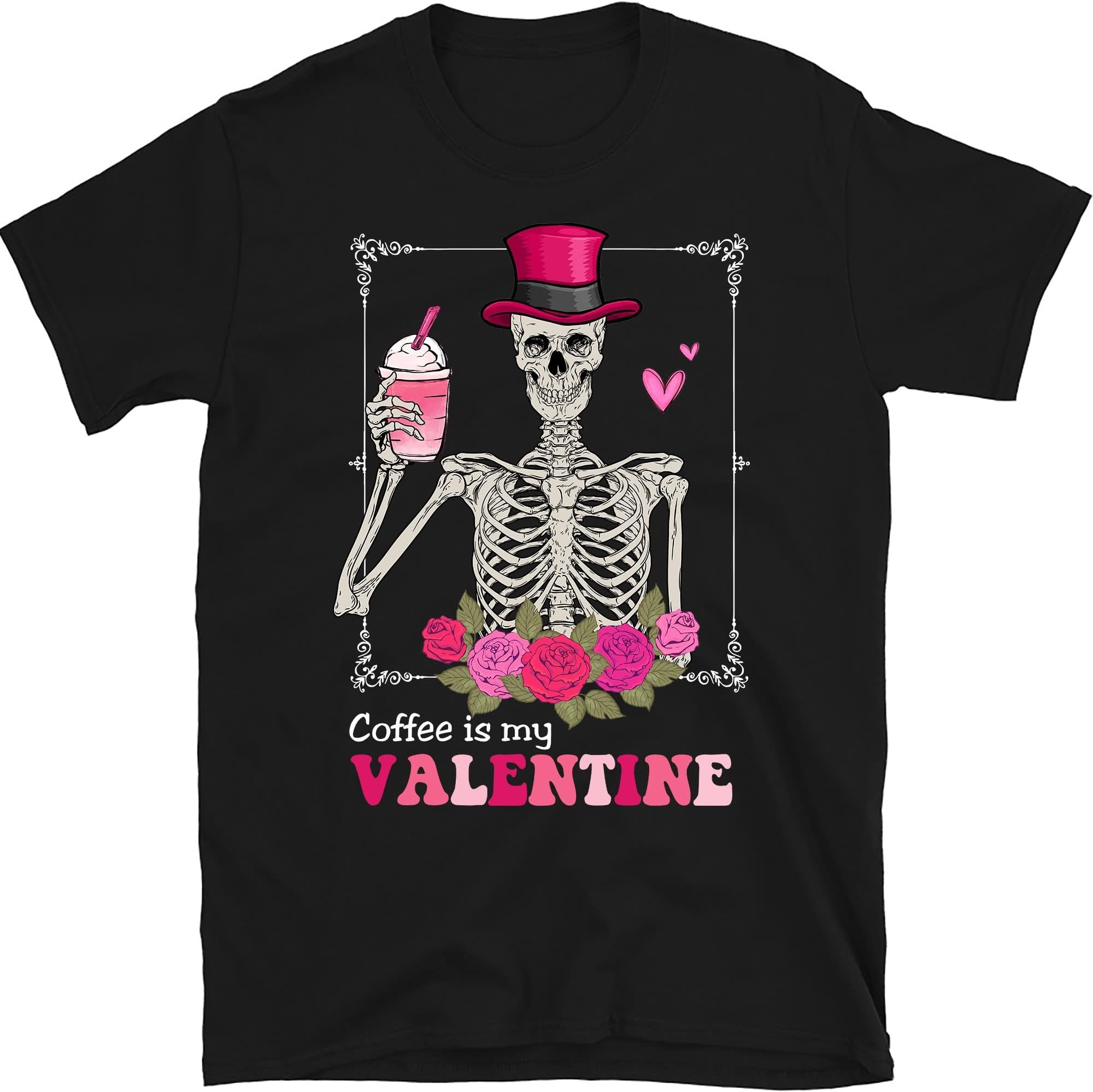 Skeleton Coffee Valentines Sweatshirt, Retro Valentine's Day Sweatshirt, Retro Valentine's Skeleton Shirt, Coffee Lovers – Black/Medium
