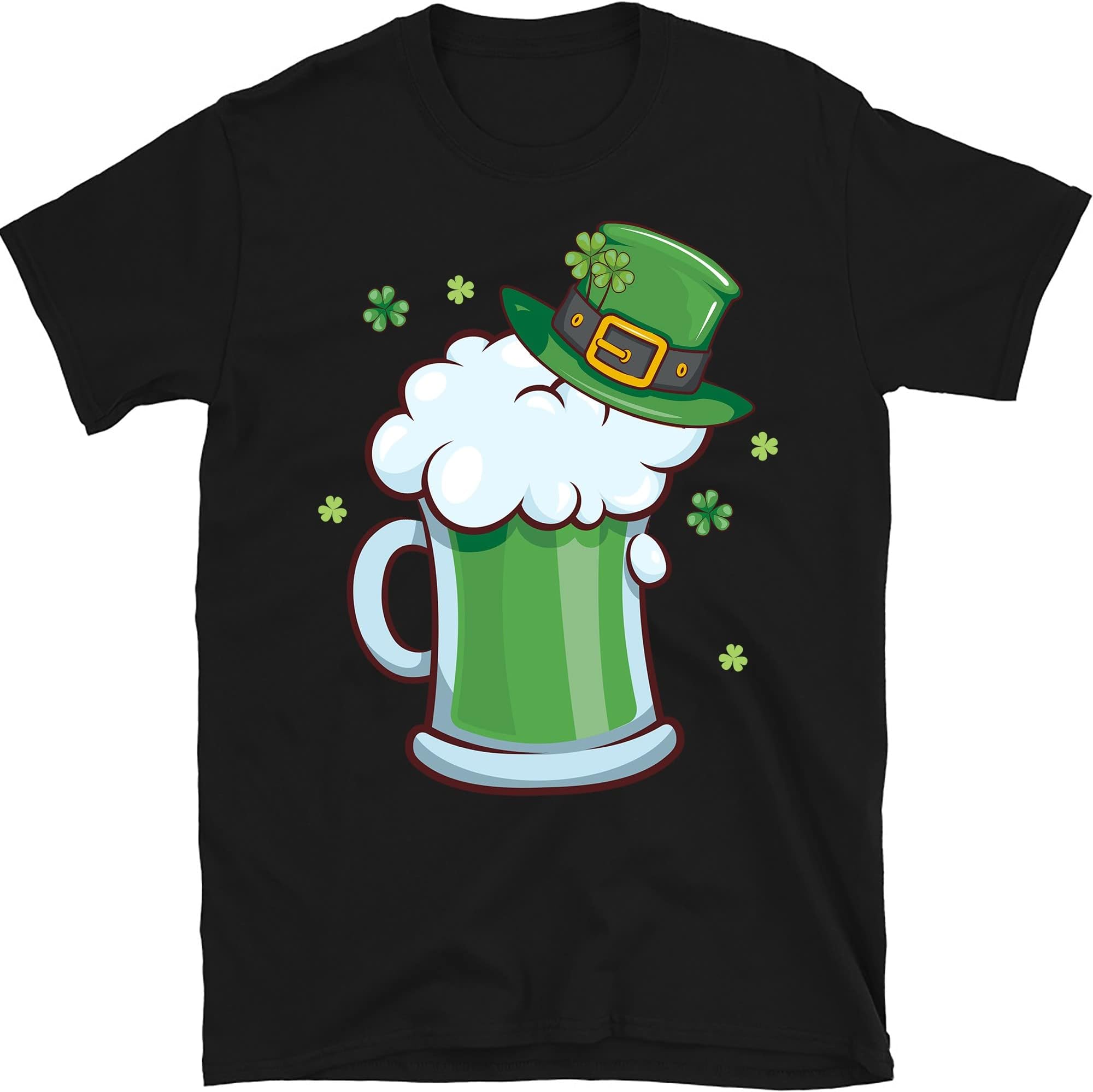 St PatrickS Day Hat and Beer Shirt, Leprechaun Hat T-Shirt, Green Beer Tee, Green Clover Shirt, Irish Drinking Beer T-Shirt – Black/Medium