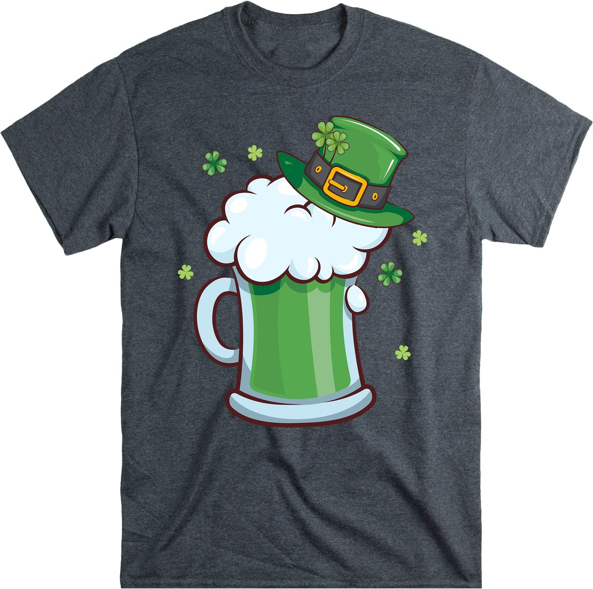 St PatrickS Day Hat and Beer Shirt, Leprechaun Hat T-Shirt, Green Beer Tee, Green Clover Shirt, Irish Drinking Beer T-Shirt – Dark Heather/Small