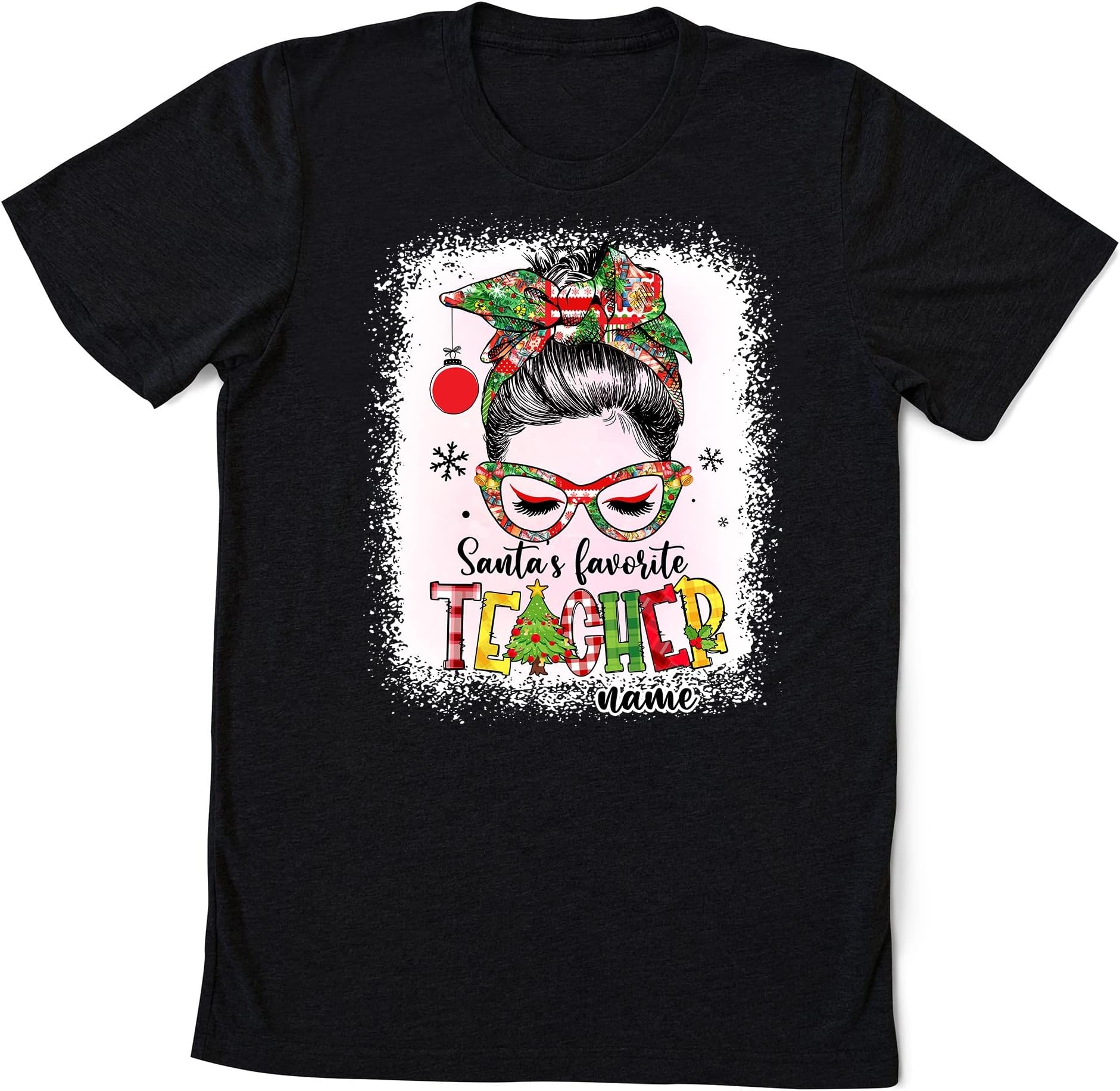 Custom Santa's Favorite Teacher Messy Bun Hair Christmas Shirt, Personalized Name Teacher Christmas, Teacher Team Matching Holiday Shirt Multicolored