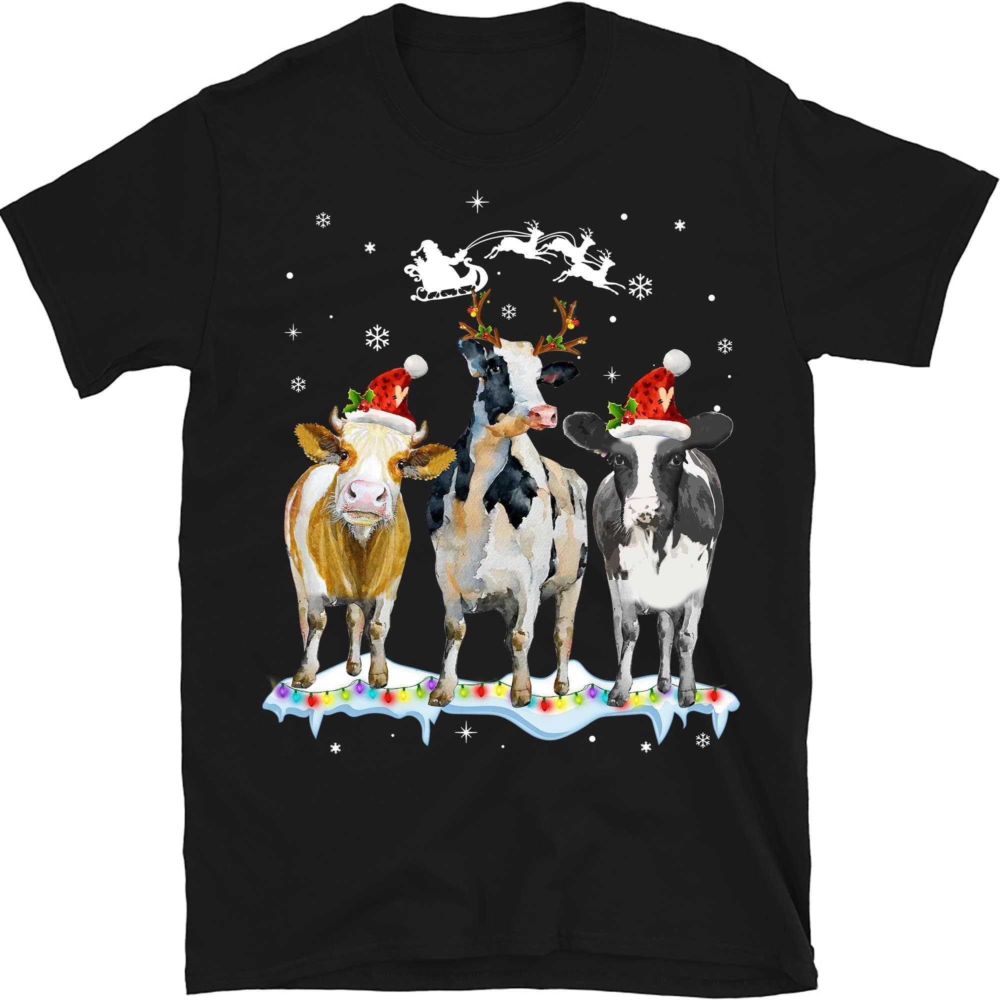 Cow Christmas Lights Ugly Christmas T-Shirt,Christmas Shirt,Funny Heifers Christmas Shirt,Cow Holiday Shirt Cow – Black/Medium