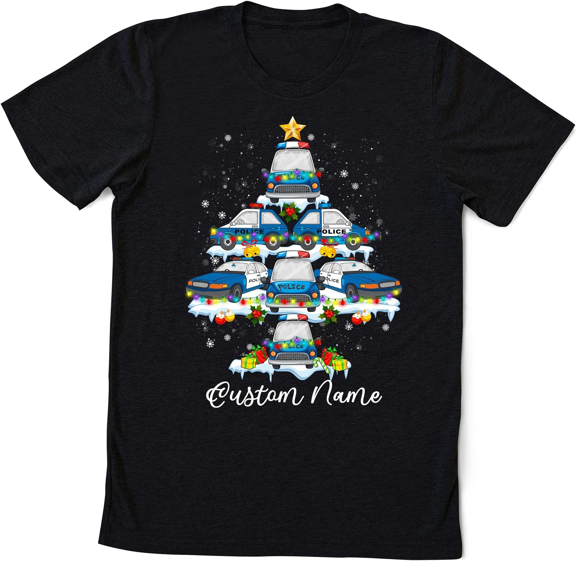 Custom Police Car Christmas Tree Shirt, Police, Police Officer Gifts, Police Shirt, Christmas Policeman Shirt Multicolored
