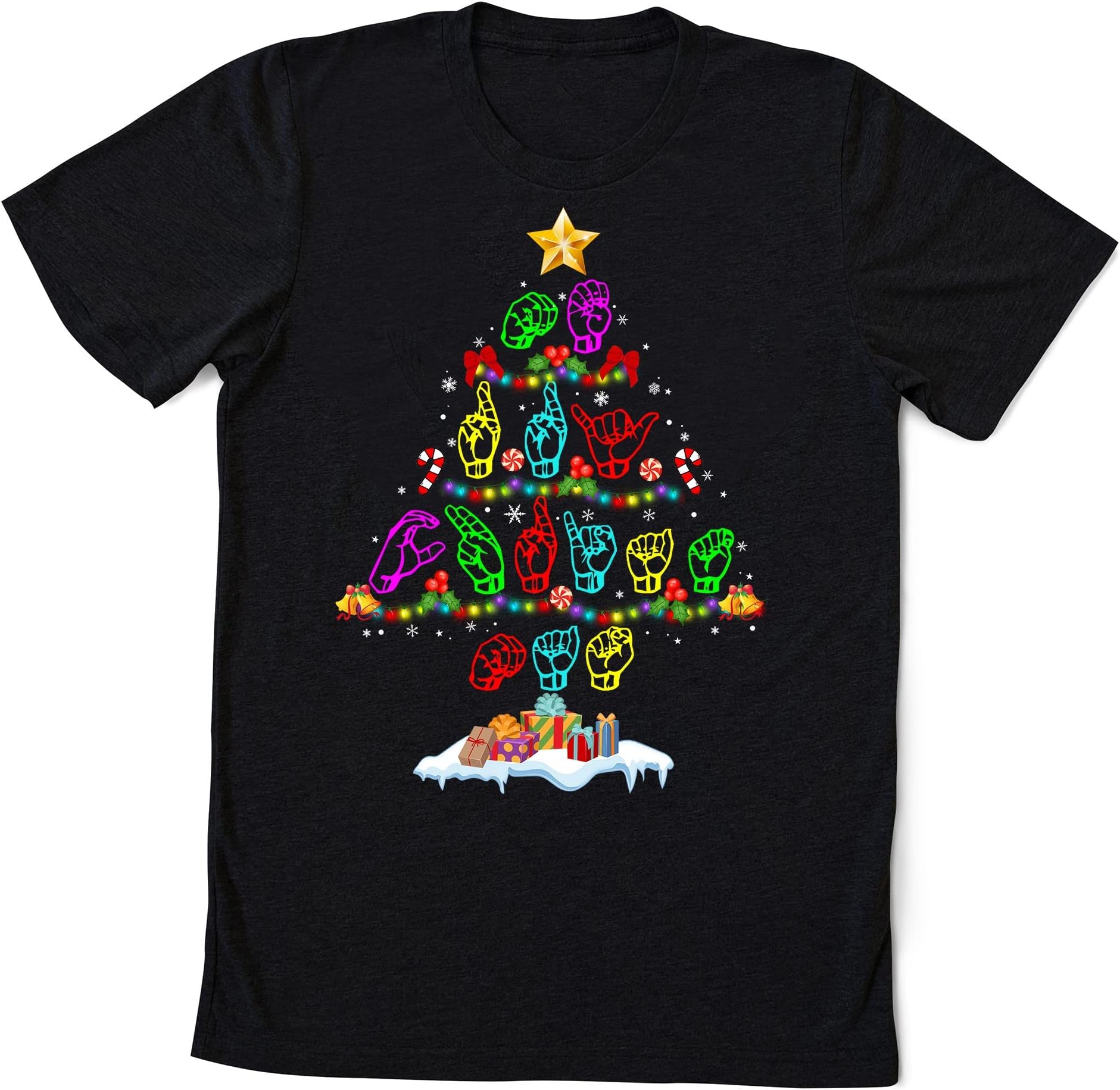 American Sign Language Christmas Tree Shirts- Christmas ASL Shirts- Teacher Gift, ASL Lights Christmas, Sign Language Shirts Multicolored