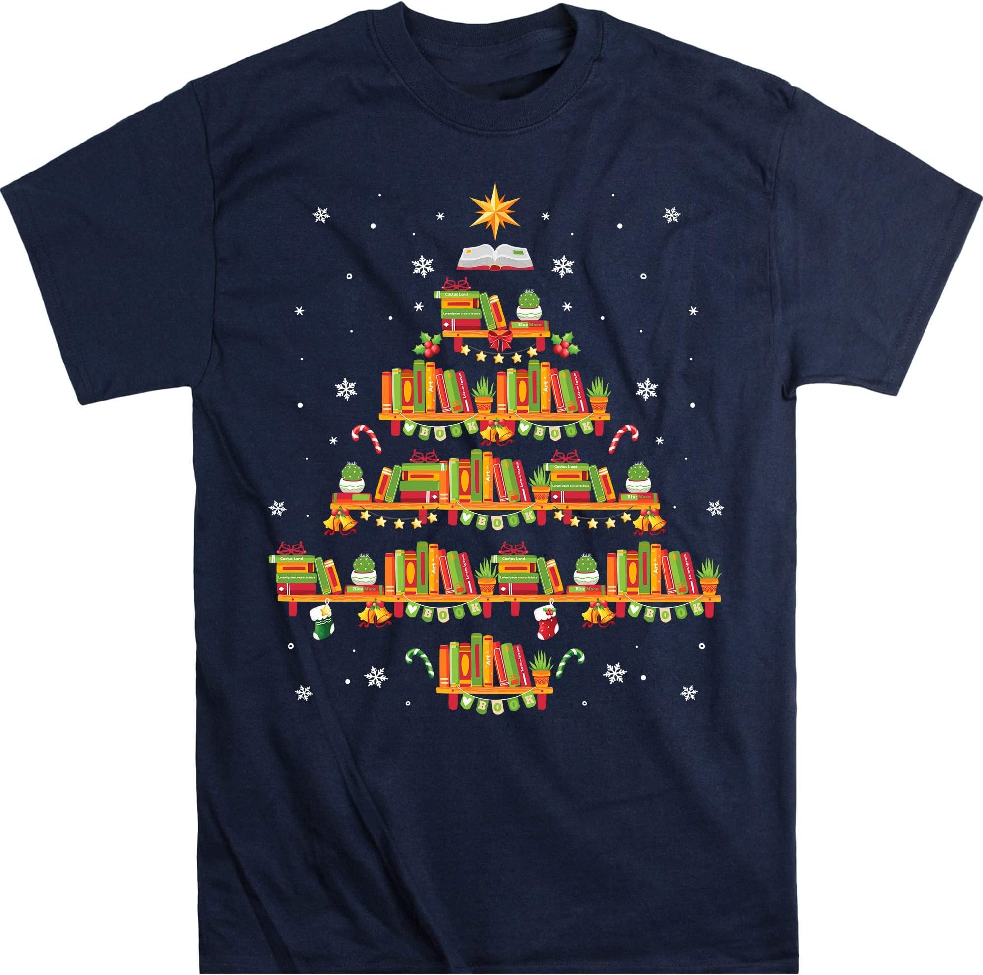 Book Lover Christmas Tree Shirt, Funny Christmas T-Shirt for Book Lover Bookworm Book Nerd, Merry Christmas Shirt – Navy/XX-Large