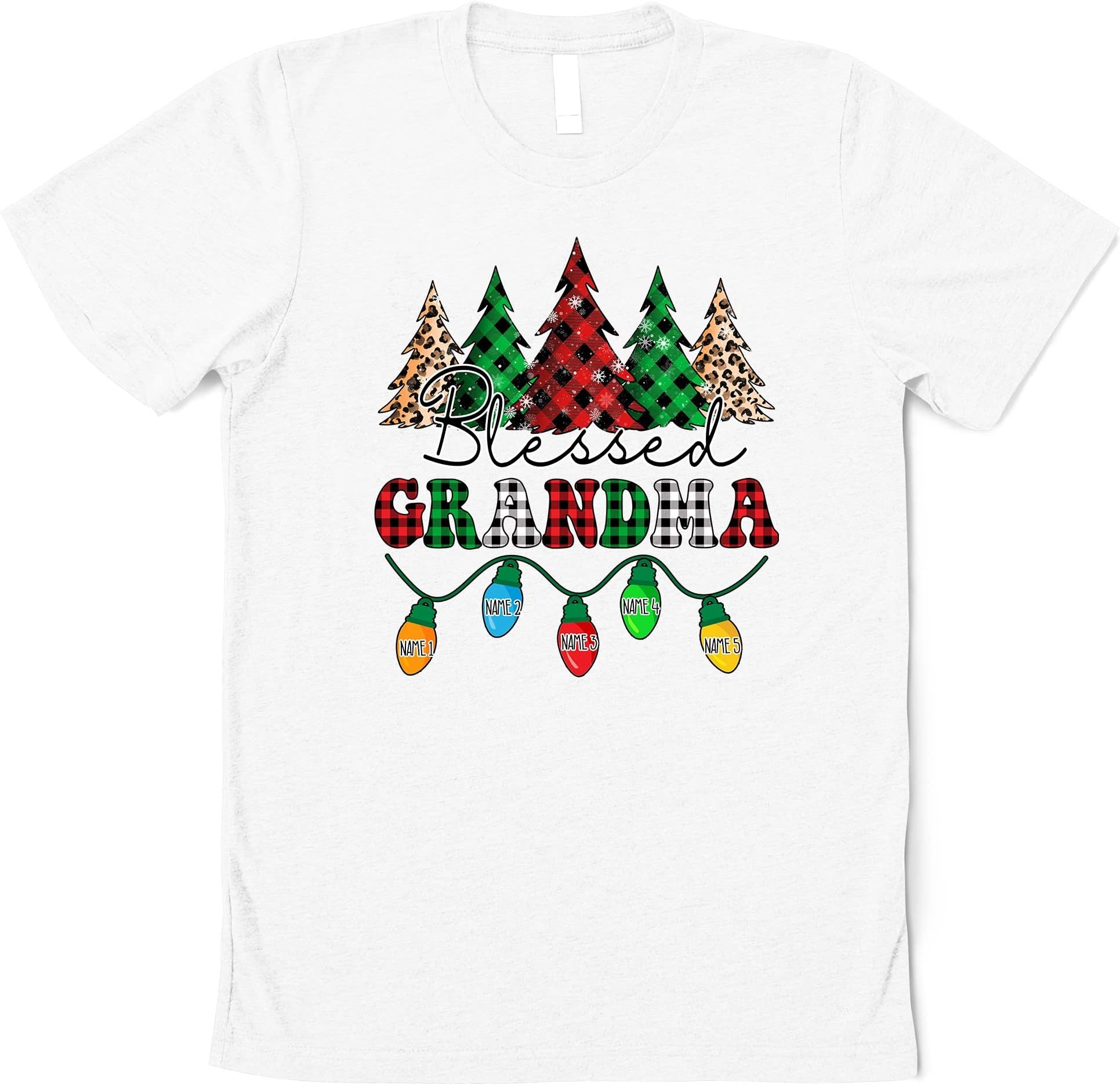 Custom Christmas Trees Blessed Grandma T-Shirt, Christmas Trees Lights Grandma Tee, Custom Nana Mimi Gigi Shirt for Christmas Multicolored