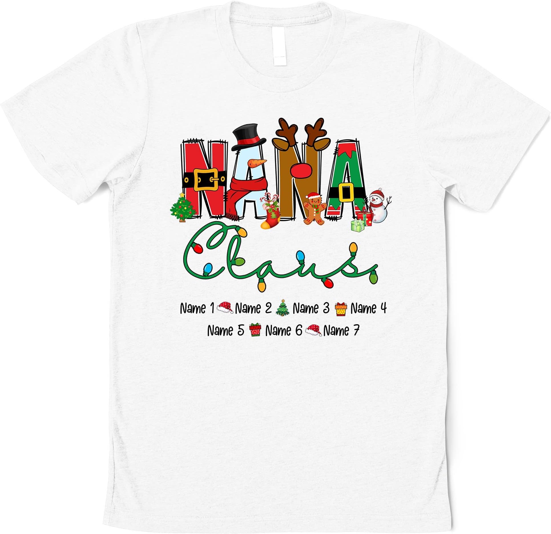 Custom Christmas Nana Claus T Shirt, Christmas Doodle Grandma Nana Mimi Shirt with Kidnames, Lights Claus Nana Shirt for Christmas 2022 Multicolored